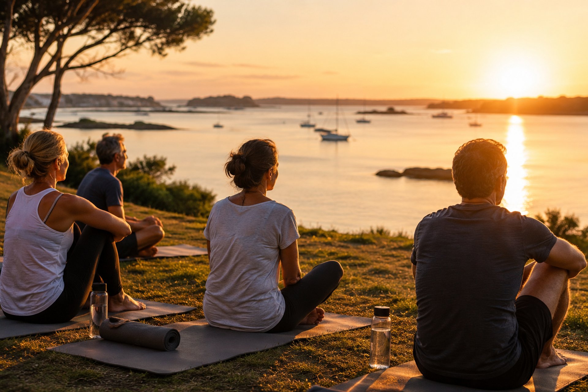 Un petit groupe 45/55 ans, sportifs, assis face au coucher de soleil après une séance estivale Rhuys Wellness