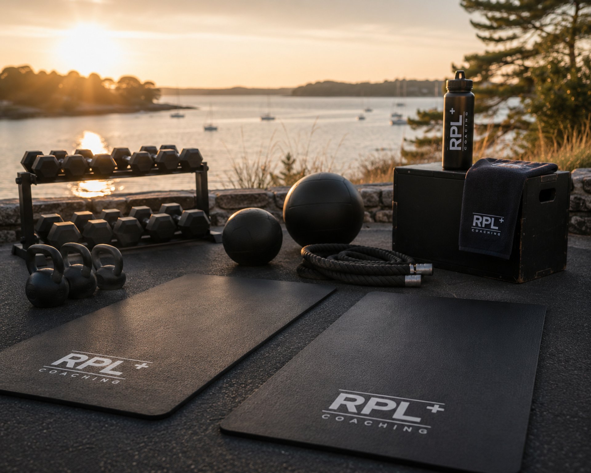 Matériel de coaching sportif RPL+ au coucher du soleil dans le Golfe du Morbihan