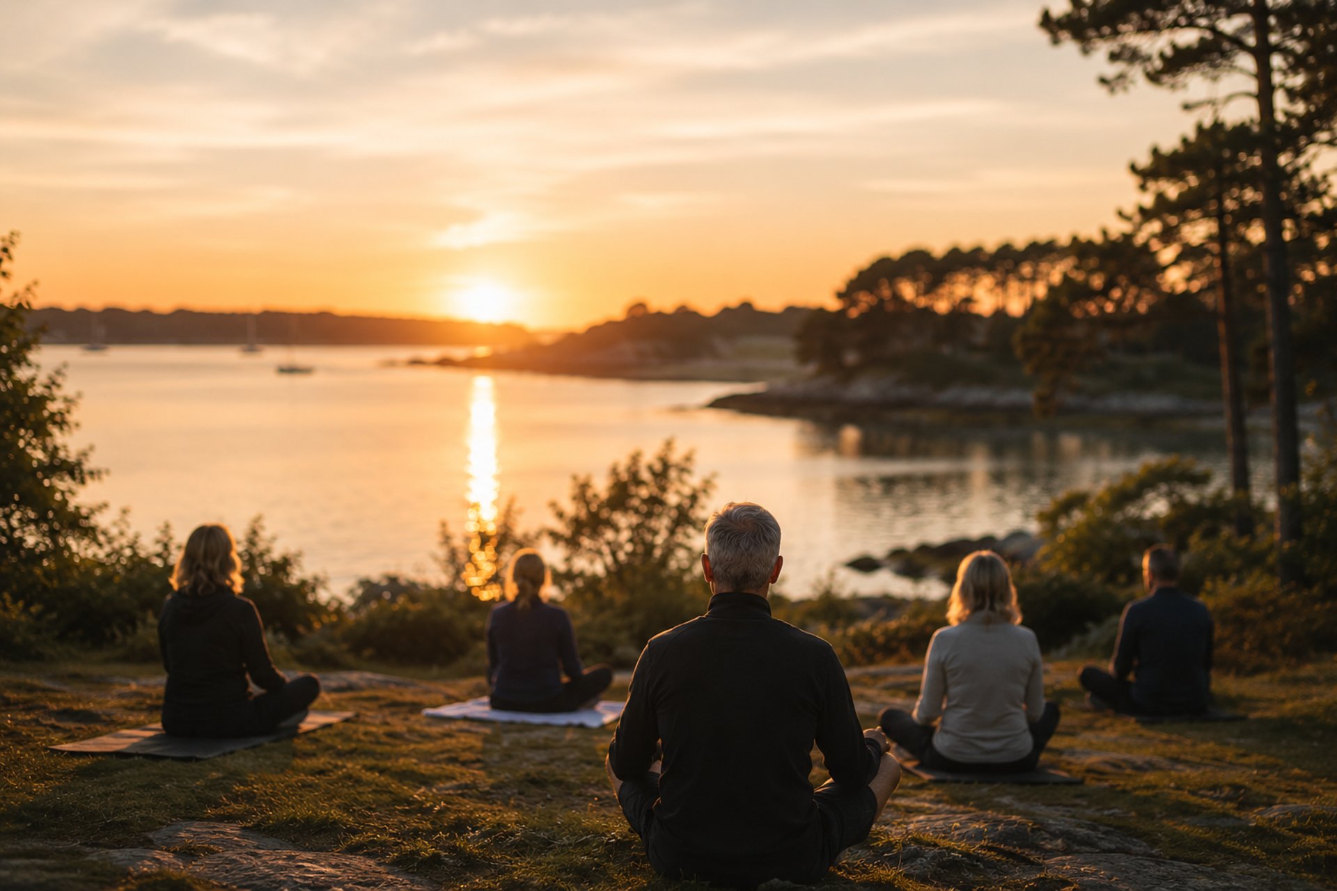Samll Group en séance respiration au coucher du soleil face au golfe du Morbihan
