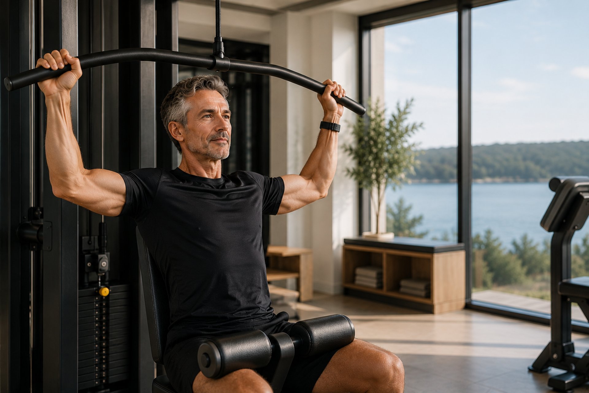 Homme la quarantaine effectuant un exercice de tirage vertical pour renforcer son dos lors d'une séance RPL+