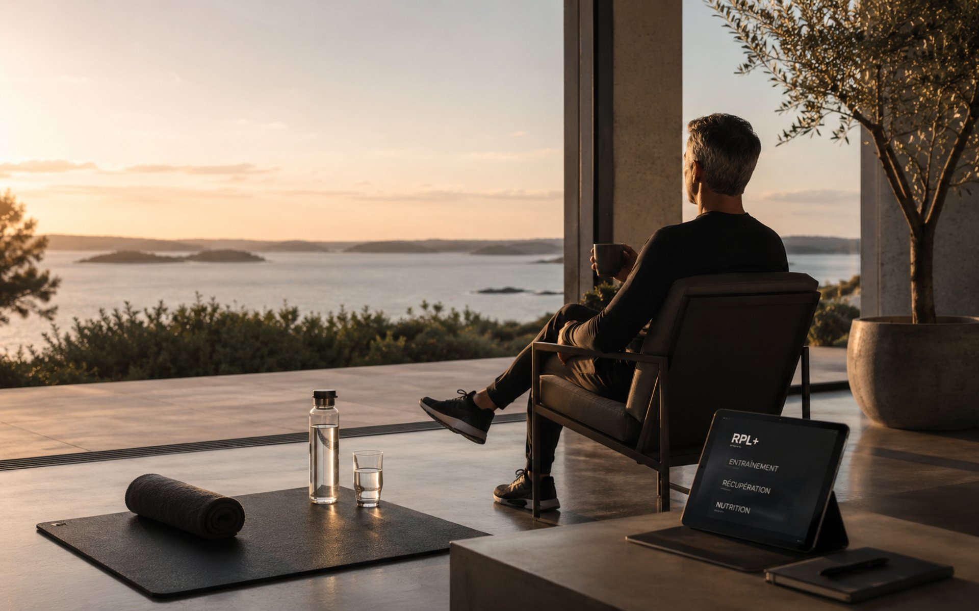 Homme face au coucher du soleil sur le Golfe du Morbihan avec tapis de mobilité et tablette illustrant l’approche RPL+