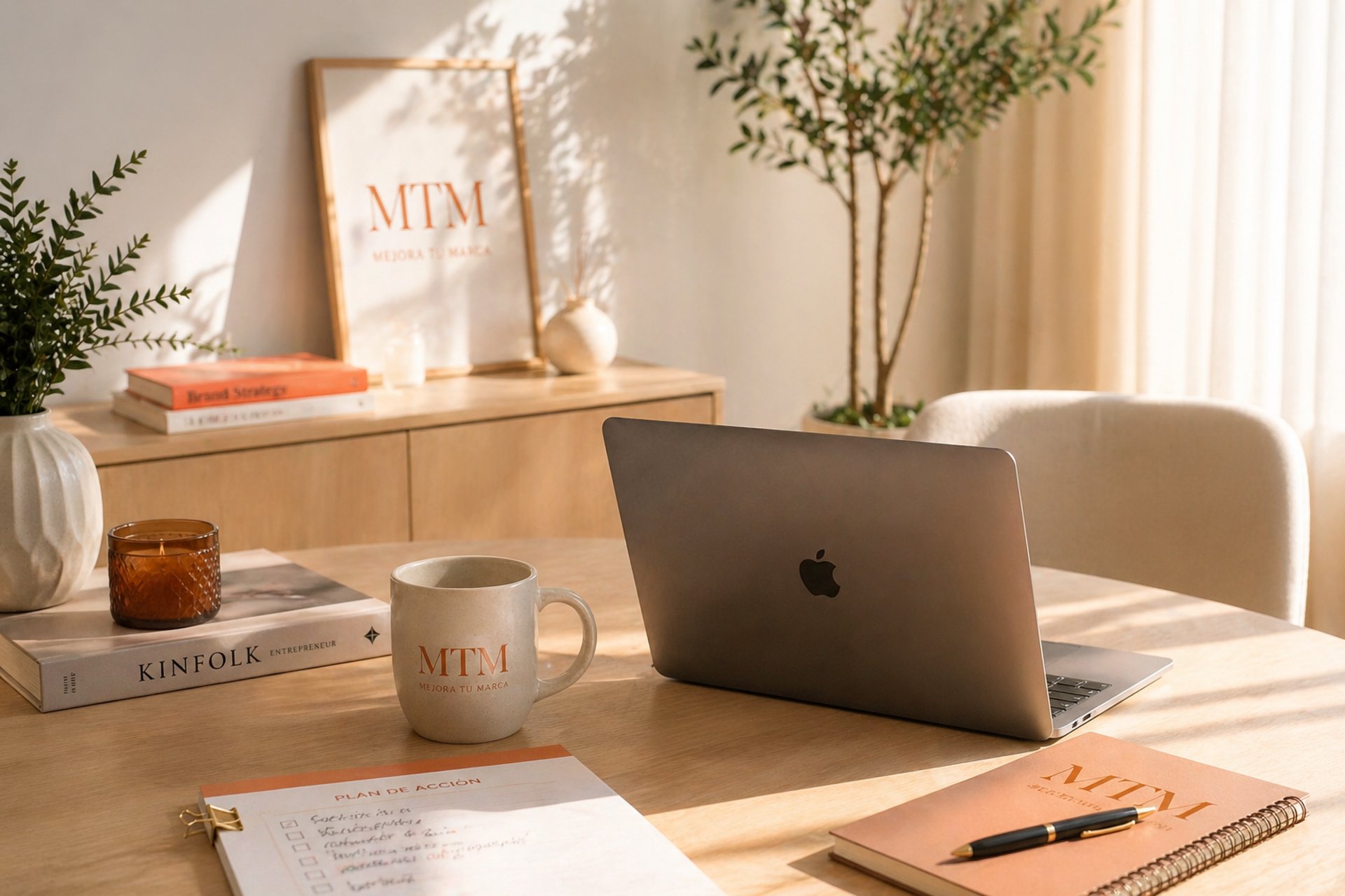 Desk with artwork and orange clock