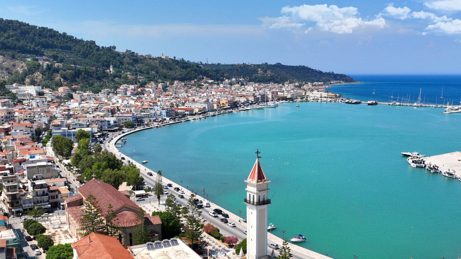 Aerial drone photo of iconic Saint Dionysios Zakynthos Holy Orthodox Church i Zakinthos, just 3.5 km away from Villa Olga