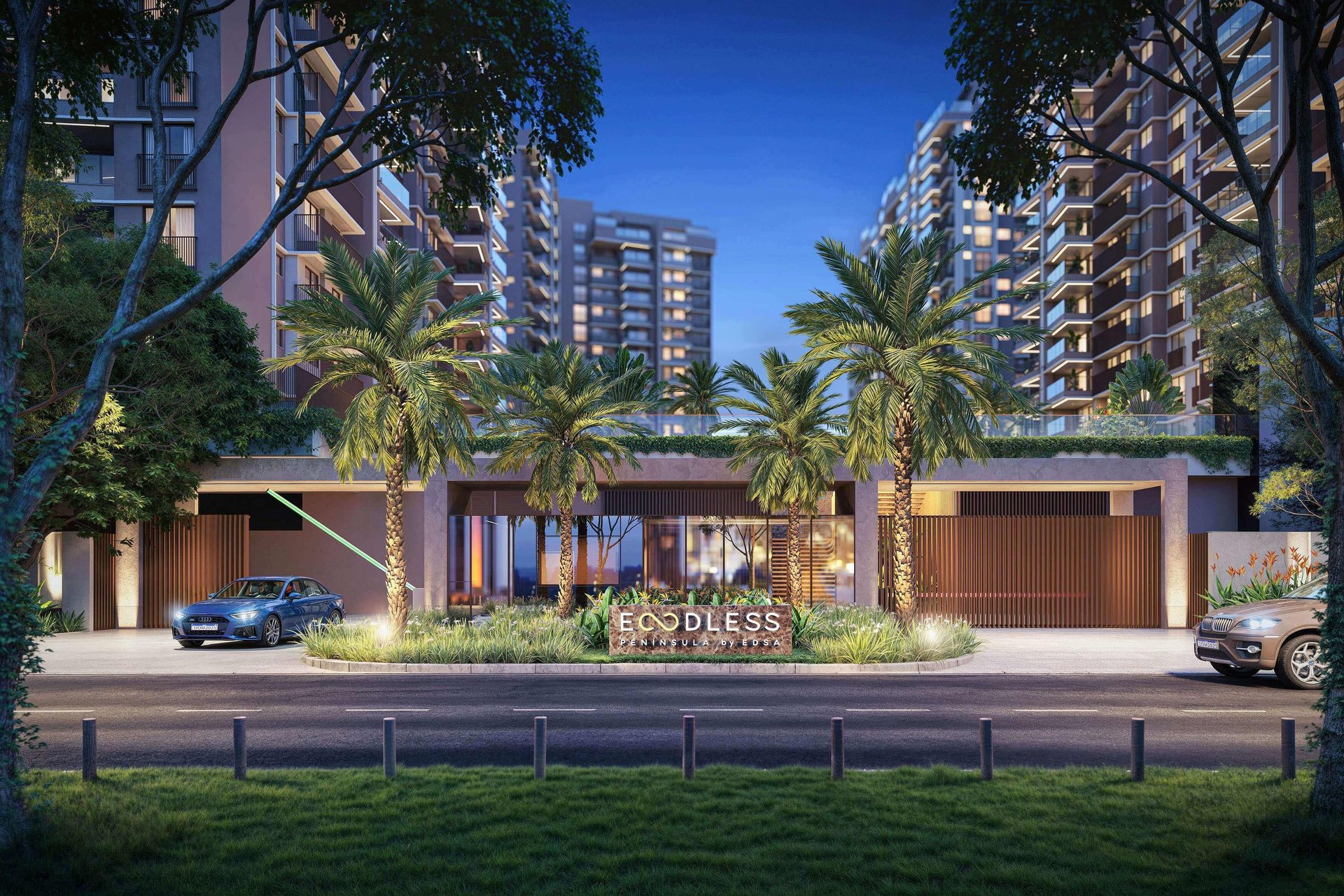 an abstract photo of a curved building with a blue sky in the background