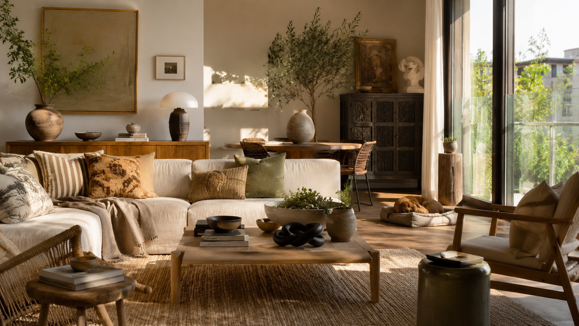Warm modern living room with mixed decor, natural wood furniture, indoor plants and a calm pet-friendly corner