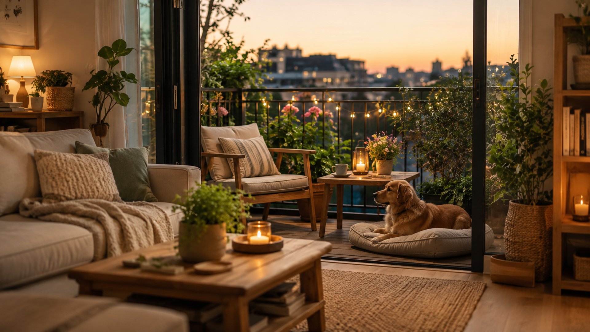 Warm modern home with balcony seating, natural wood furniture, soft lighting, plants and a relaxed pet-friendly atmosphere