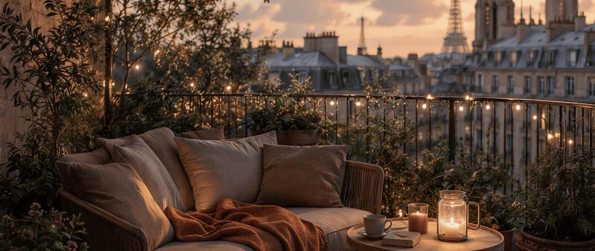 Cozy balcony with warm ambient lighting and natural wooden textures, inspired by warm European outdoor living