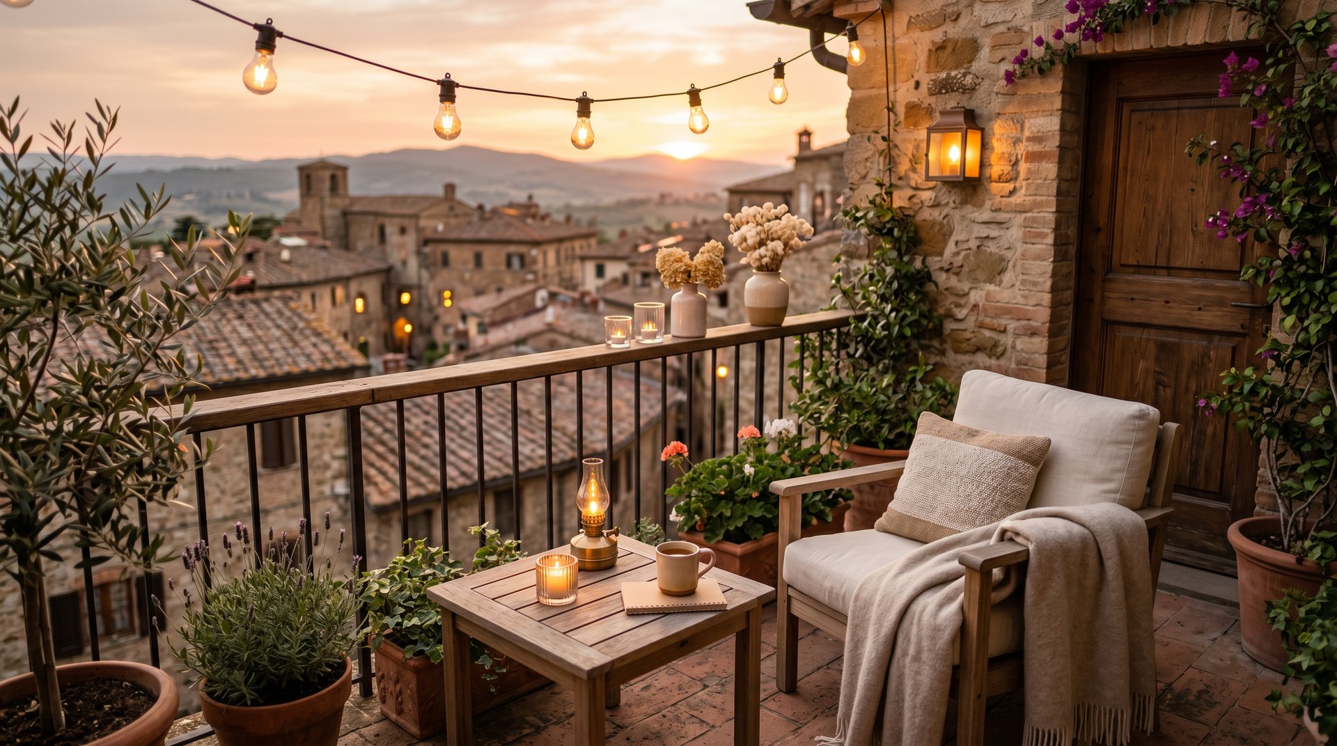 Cozy balcony with warm ambient lighting and natural wooden textures, inspired by warm European outdoor living