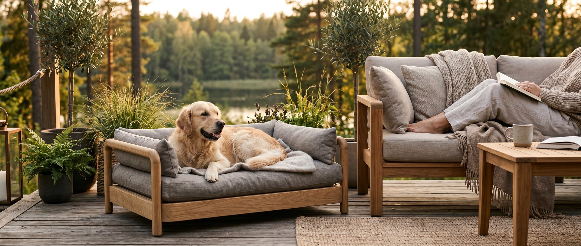 Cozy pet-friendly outdoor corner with calm evening lighting and soft textures, inspired by warm European outdoor living