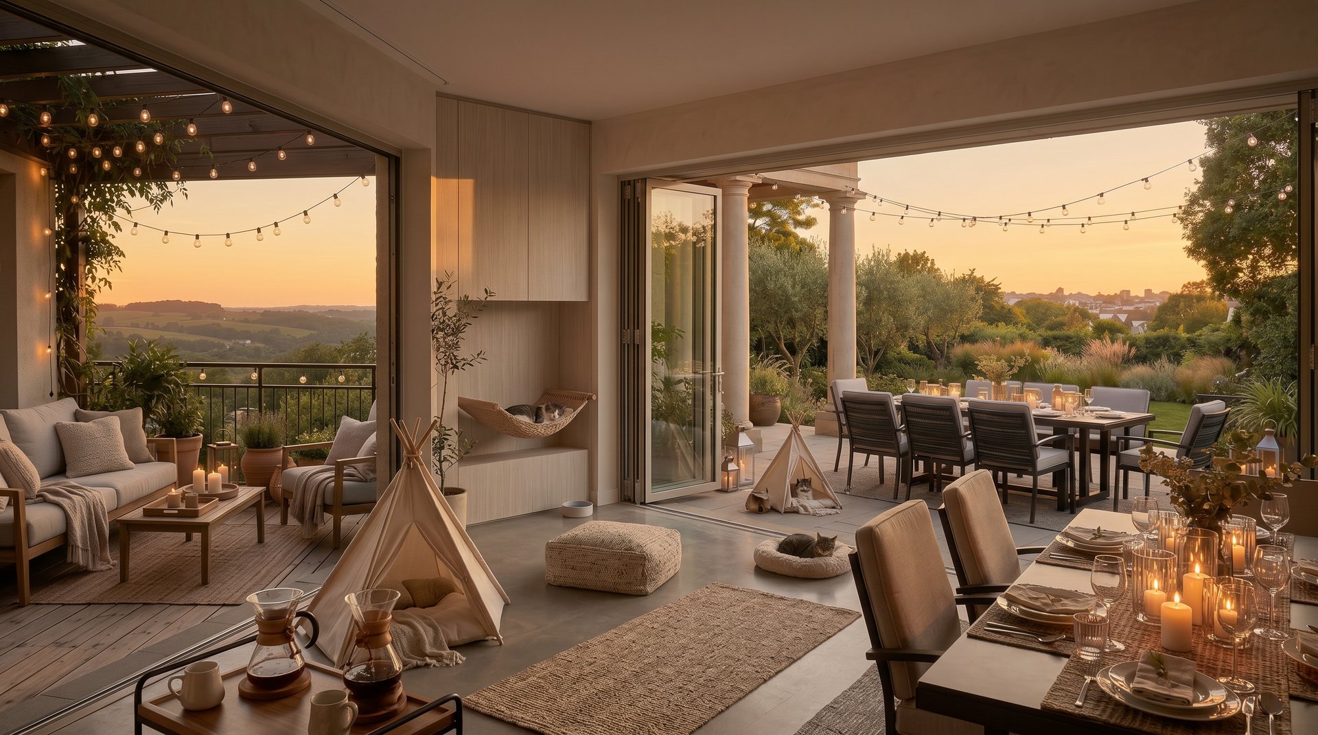 Cozy garden space with soft sunset lighting and relaxed lounge furniture, inspired by warm European outdoor living