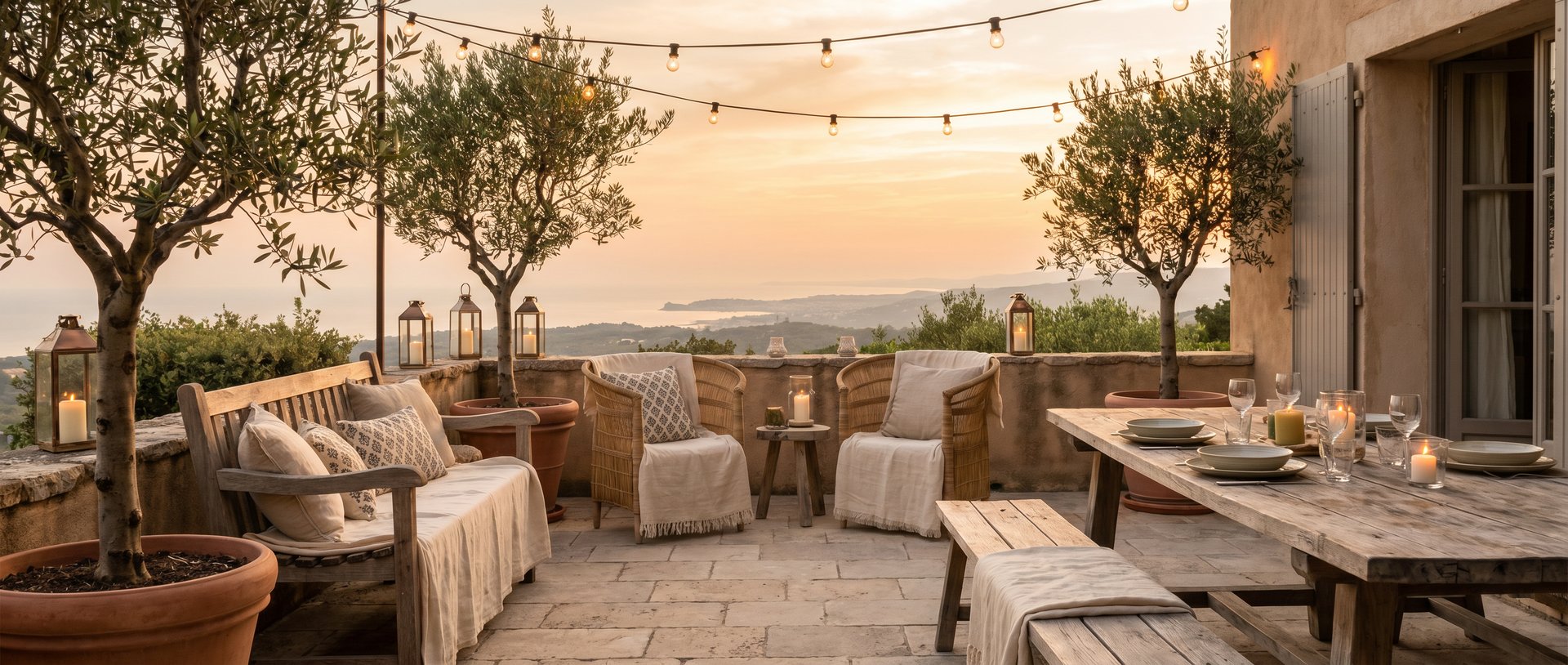 Cozy garden space with soft sunset lighting and relaxed lounge furniture, inspired by warm European outdoor living