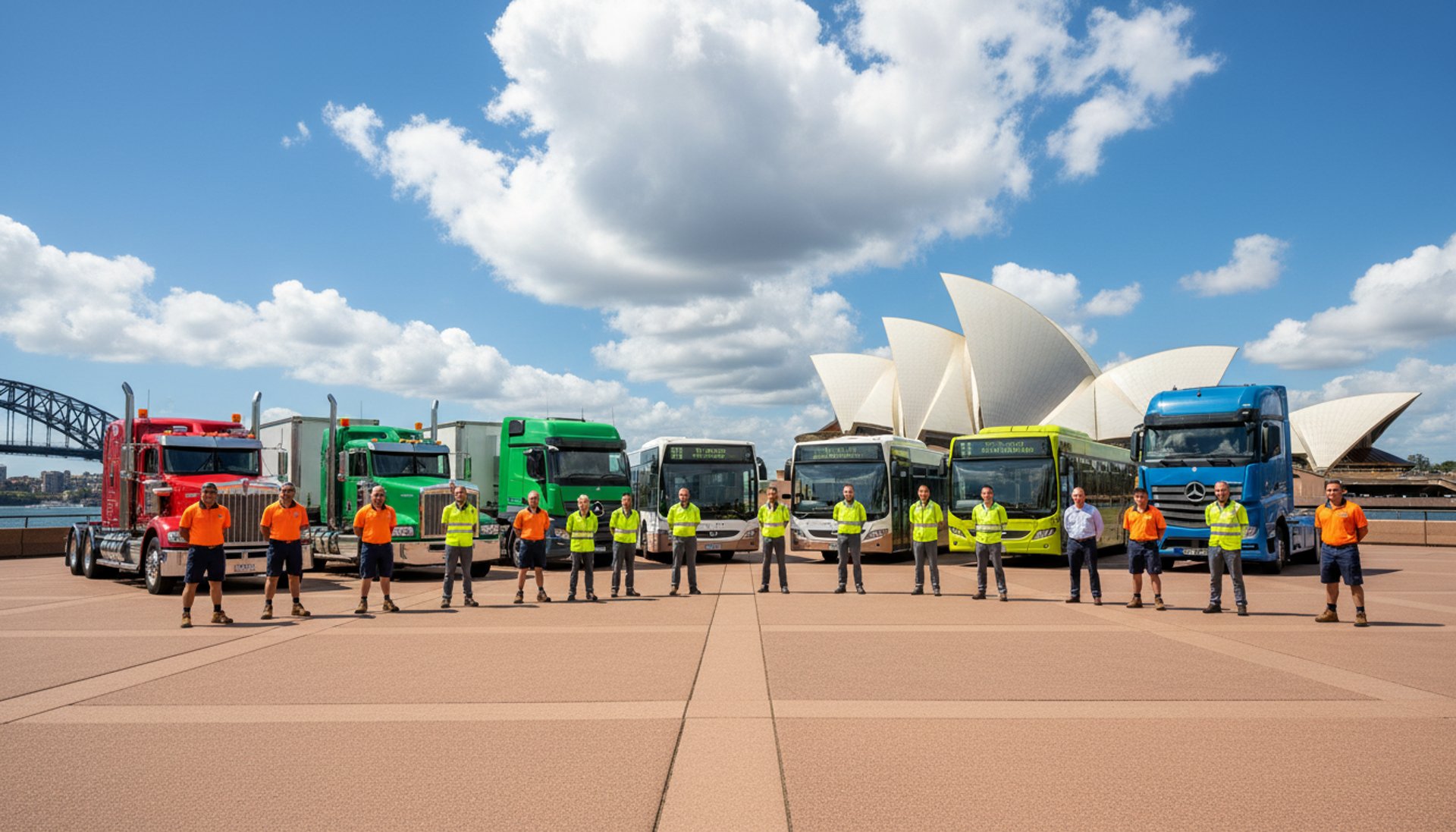 Australian trucks and buses parked near Sydney Opera House with drivers using Safee EWD app