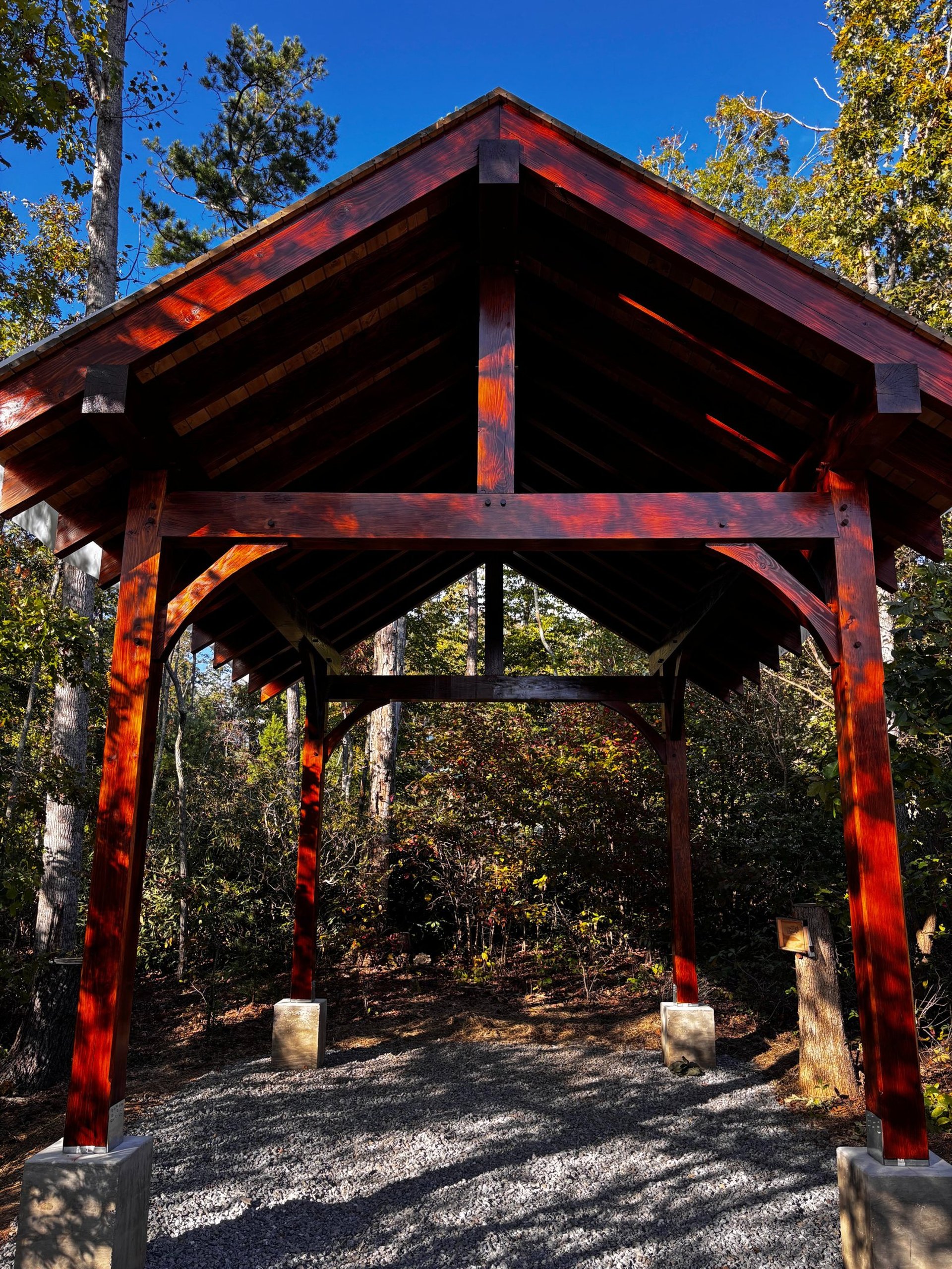 newly stained timberframe garage in swannanoa, nc