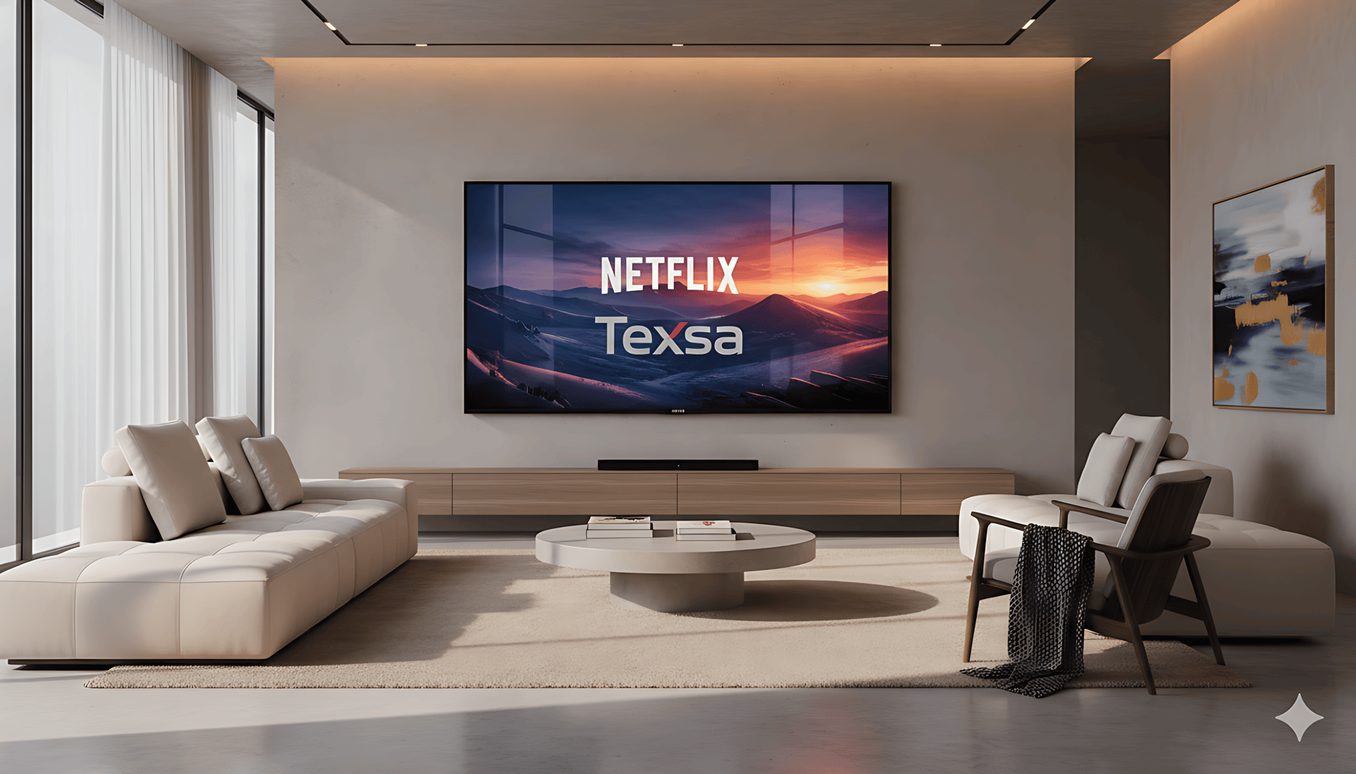a flat screen tv sitting on top of a white cabinet