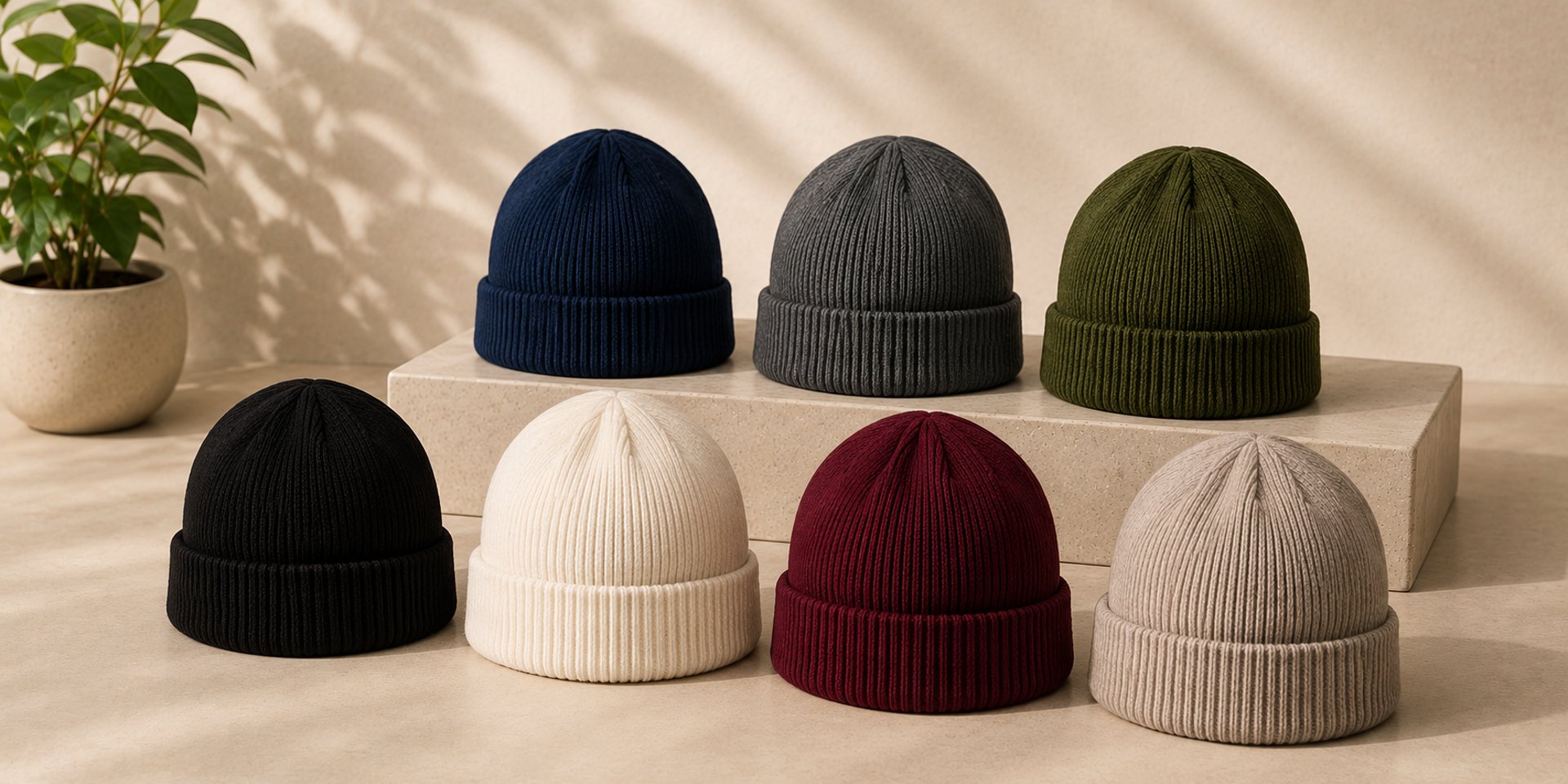 a row of hats sitting on top of a wooden shelf