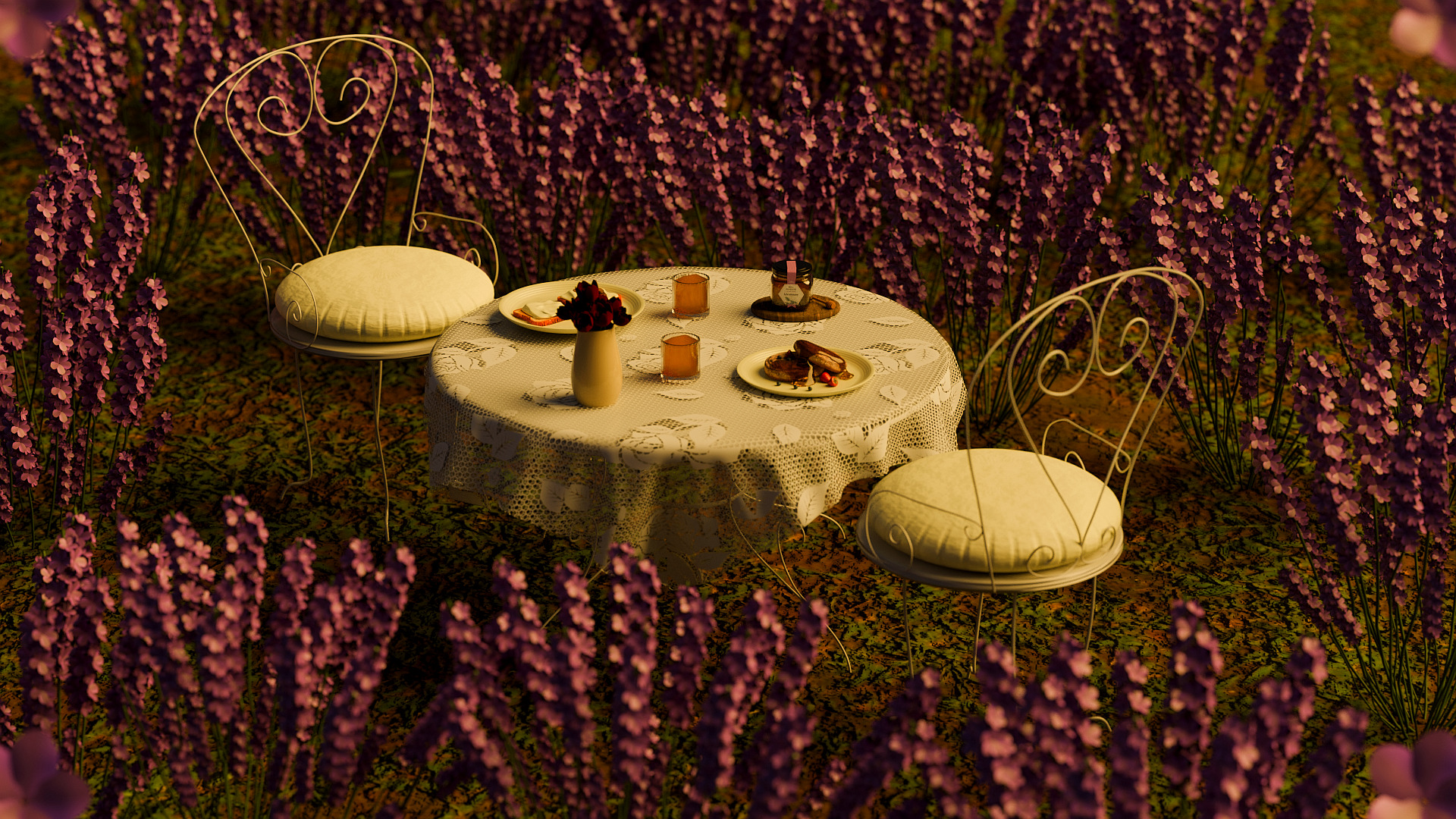 Campo de lavanda con una mesa y dos sillas en el centro con el desayuno, que tiene zumo de naranja y la mel alemany.