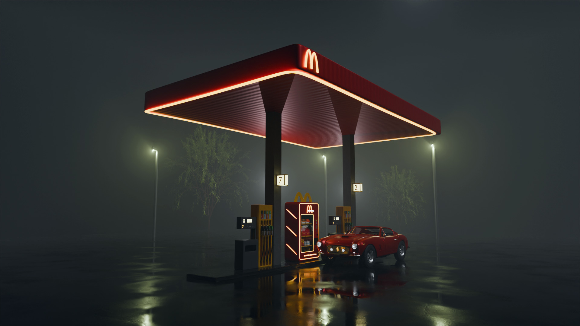 Gasolinera de mcdonald's con un coche y una maquina expendedora de la misma marca.