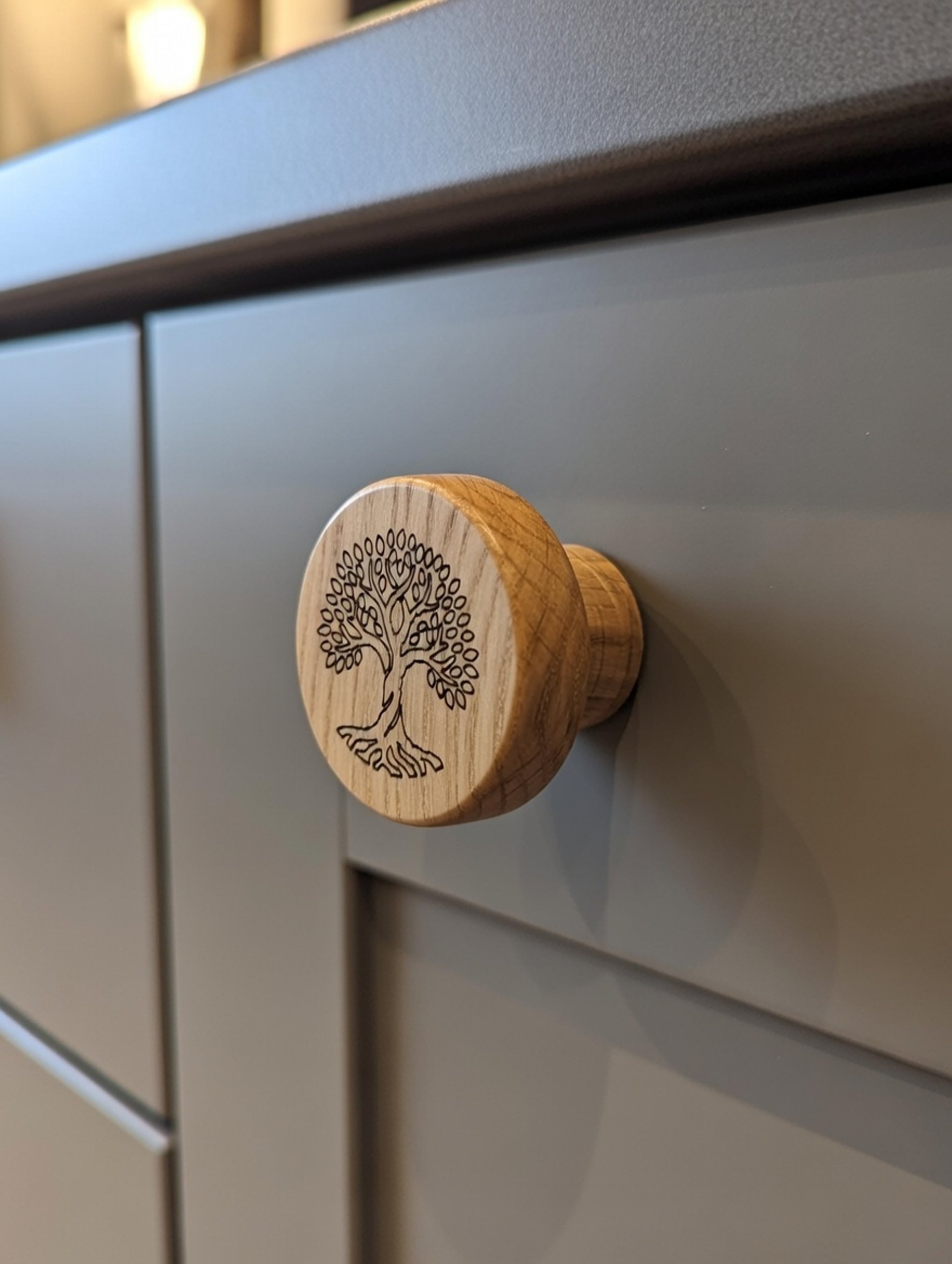 Handmade solid oak drawer pull with tree of life carving, Devon UK