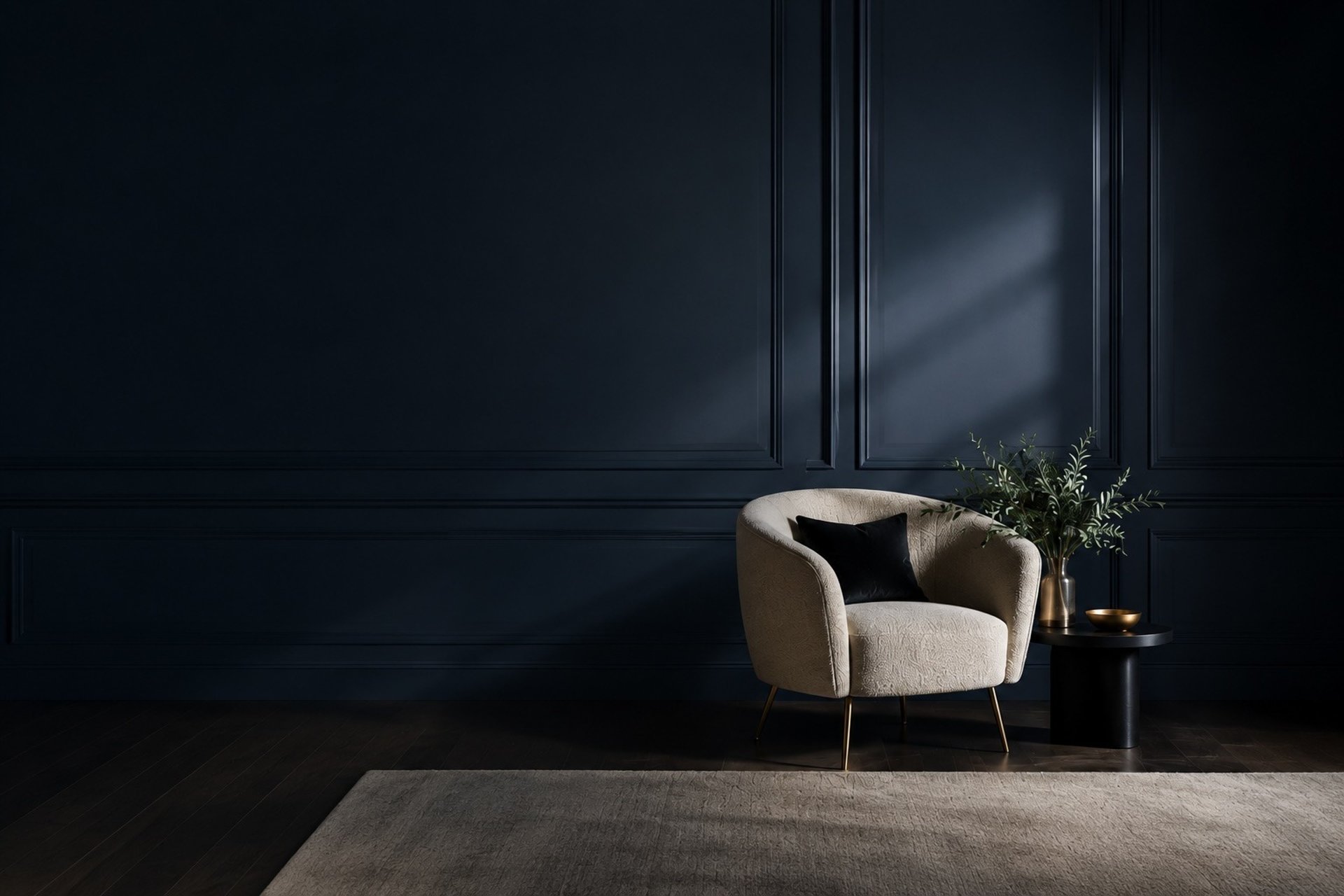 Elegant dining room with large plant and table.
