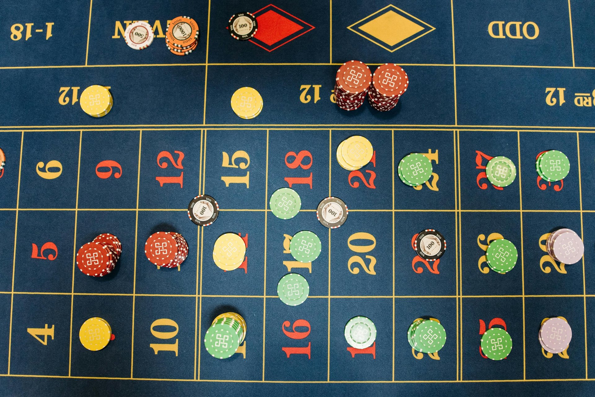 Roulette layout with chips on the playing surface from an overhead view