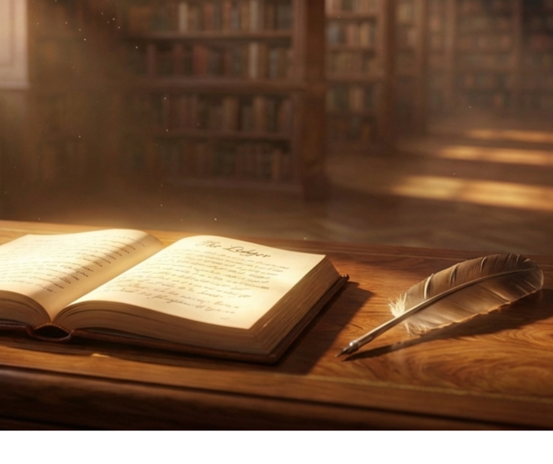 The Living Ledger book laying open on a desk in a library with a feather quill.