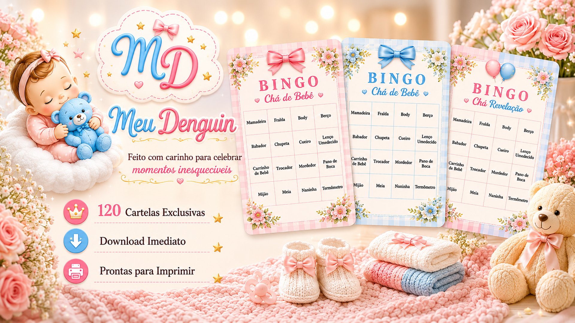 Banner do Meu Denguin com cartelas de bingo 4x4 para chá de bebê, chá revelação, menina e menino, com 120 cartelas exclusivas