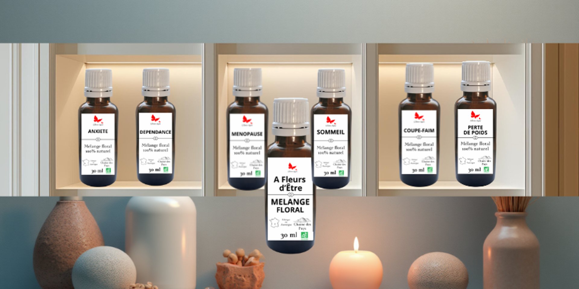 Présentation des 6 mélanges floraux bio « À Fleurs D’Être » sur étagère, flacon central avec logo