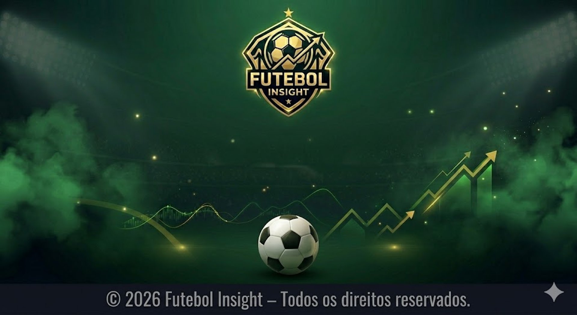 Rodapé do portal Futebol Insight com logo dourado sobre estádio e faixa de copyright "© 2026 Futebol Insight" na base.