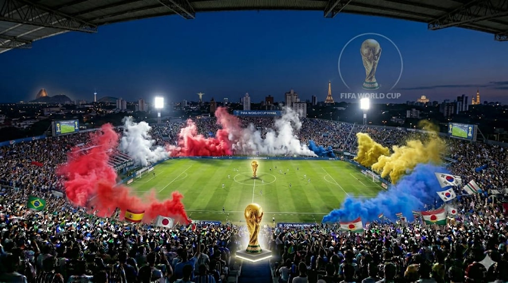 Estádio monumental com bandeiras e fumaça na final da Copa do Mundo FIFA à noite.