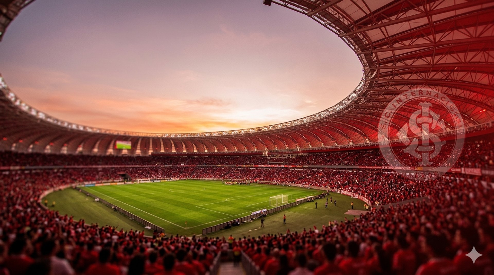 Estádio Beira-Rio lotado em dia de jogo do Internacional sob o pôr do sol.