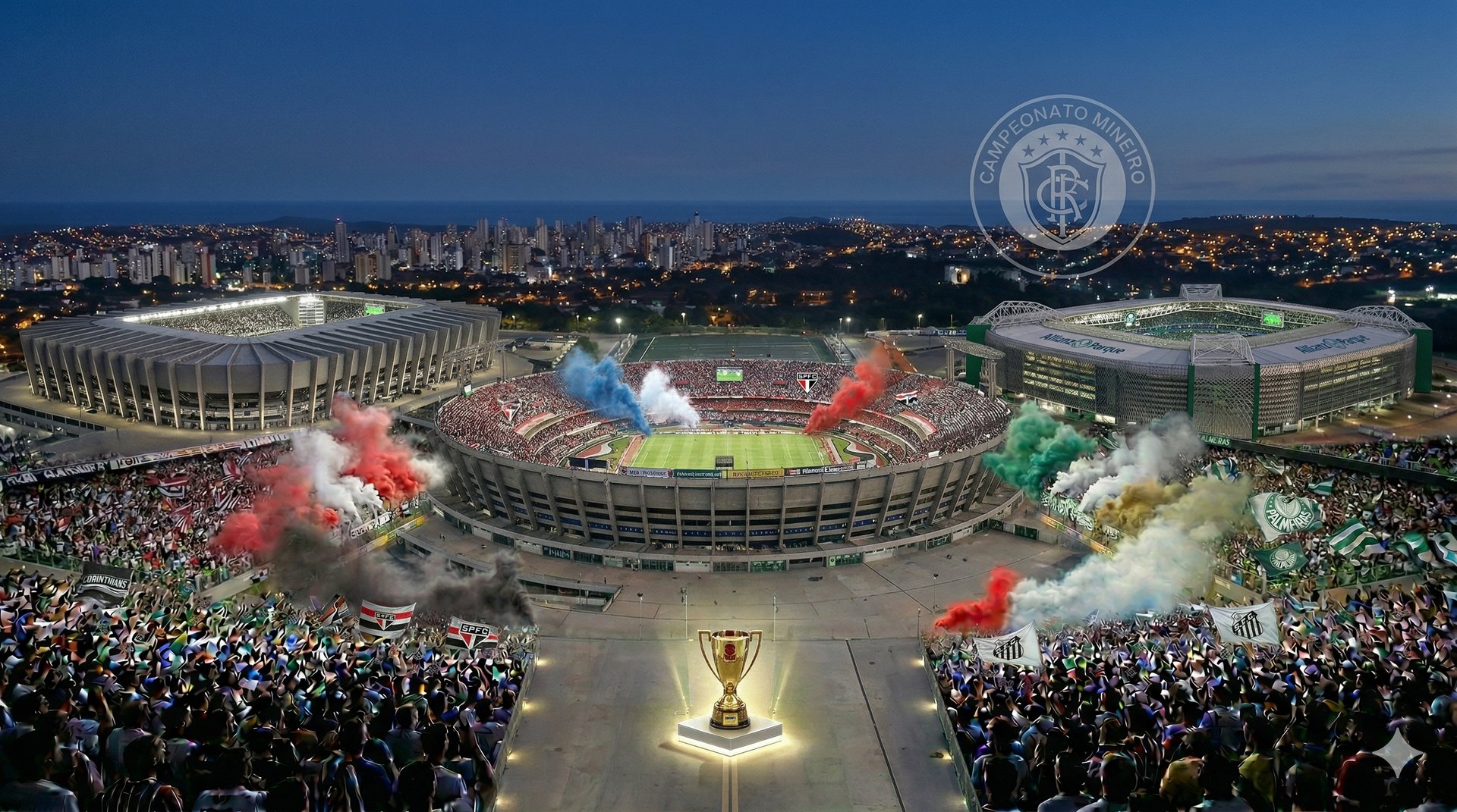 Estádios paulistas vistos por fora com torcidas, fumaça colorida, bandeiras e o troféu do Paulistão em destaque.