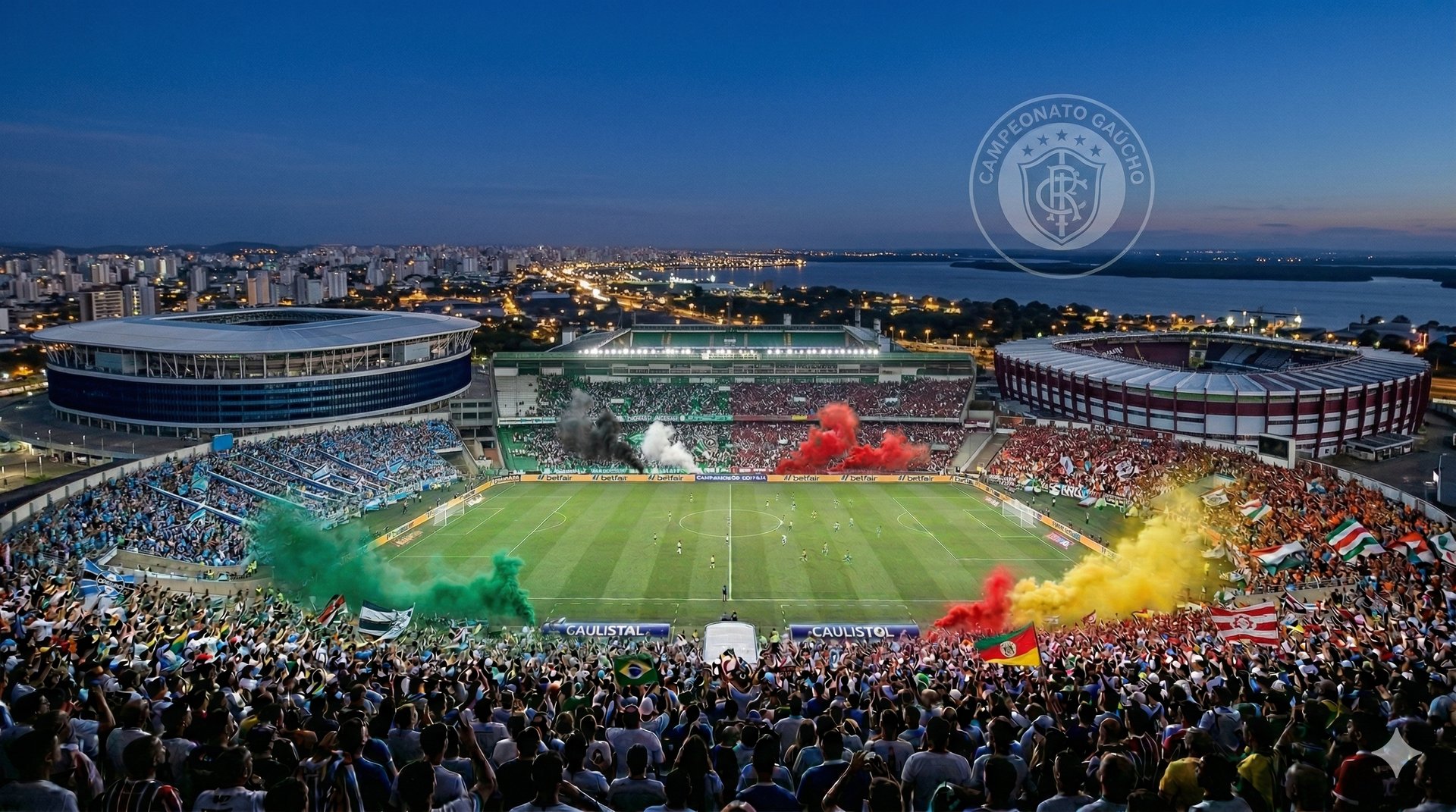 Estádios gaúchos vistos por fora com torcida vibrando, fumaça colorida e o escudo do Gauchão em noite de jogo.
