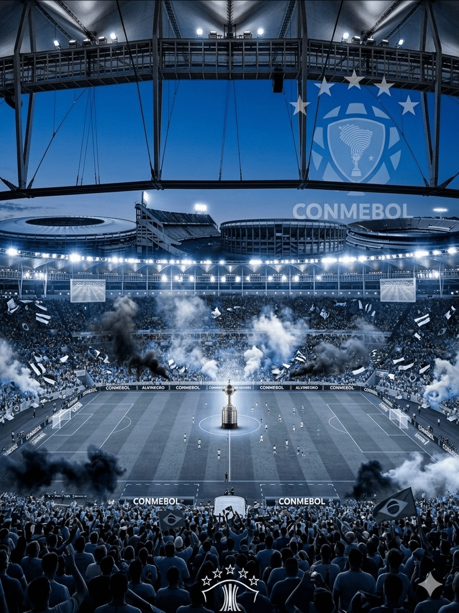 Vista de estádio lotado com fumaça preta e branca e o troféu da Copa Libertadores no centro do gramado.