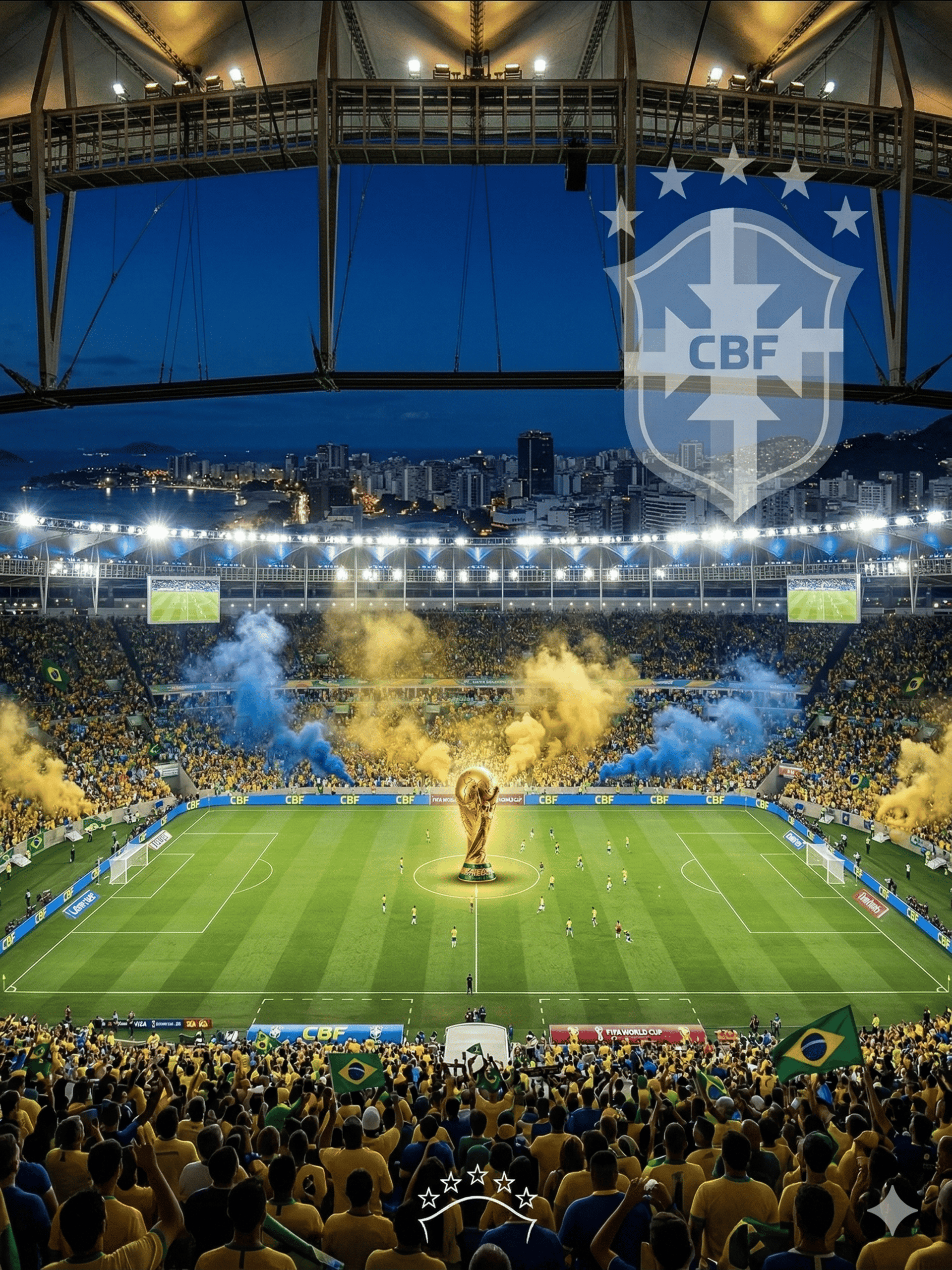 Vista panorâmica de um estádio lotado com a torcida, fumaça amarela e azul, e a taça da Copa do Mundo no centro do gramado.
