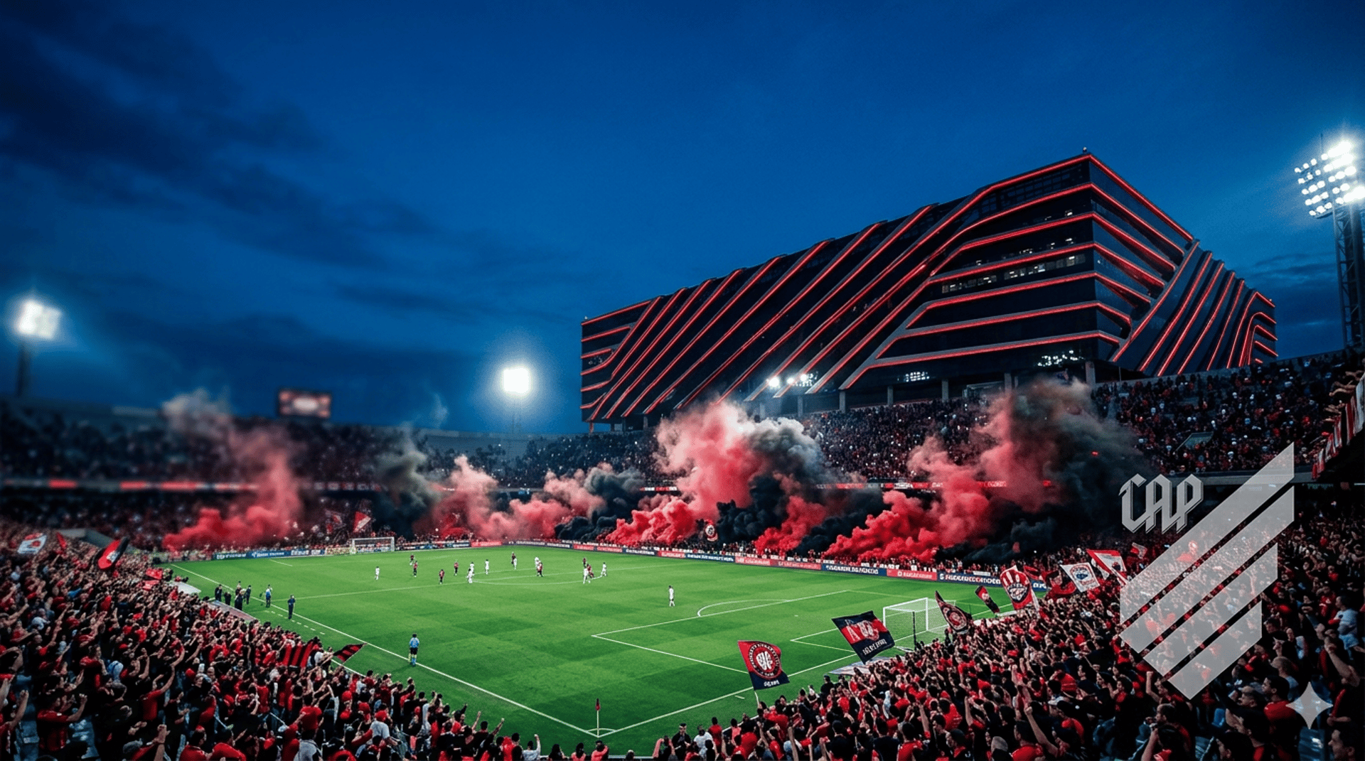 Ligga Arena lotada com a torcida do Athletico-PR vestindo preto e vermelho em noite de jogo. Fundo para site do Furacão.
