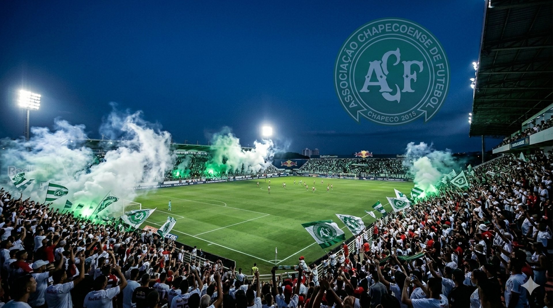Vista panorâmica imponente da Arena Condá lotada com o Verdão do Oeste vibrando em noite de jogo.