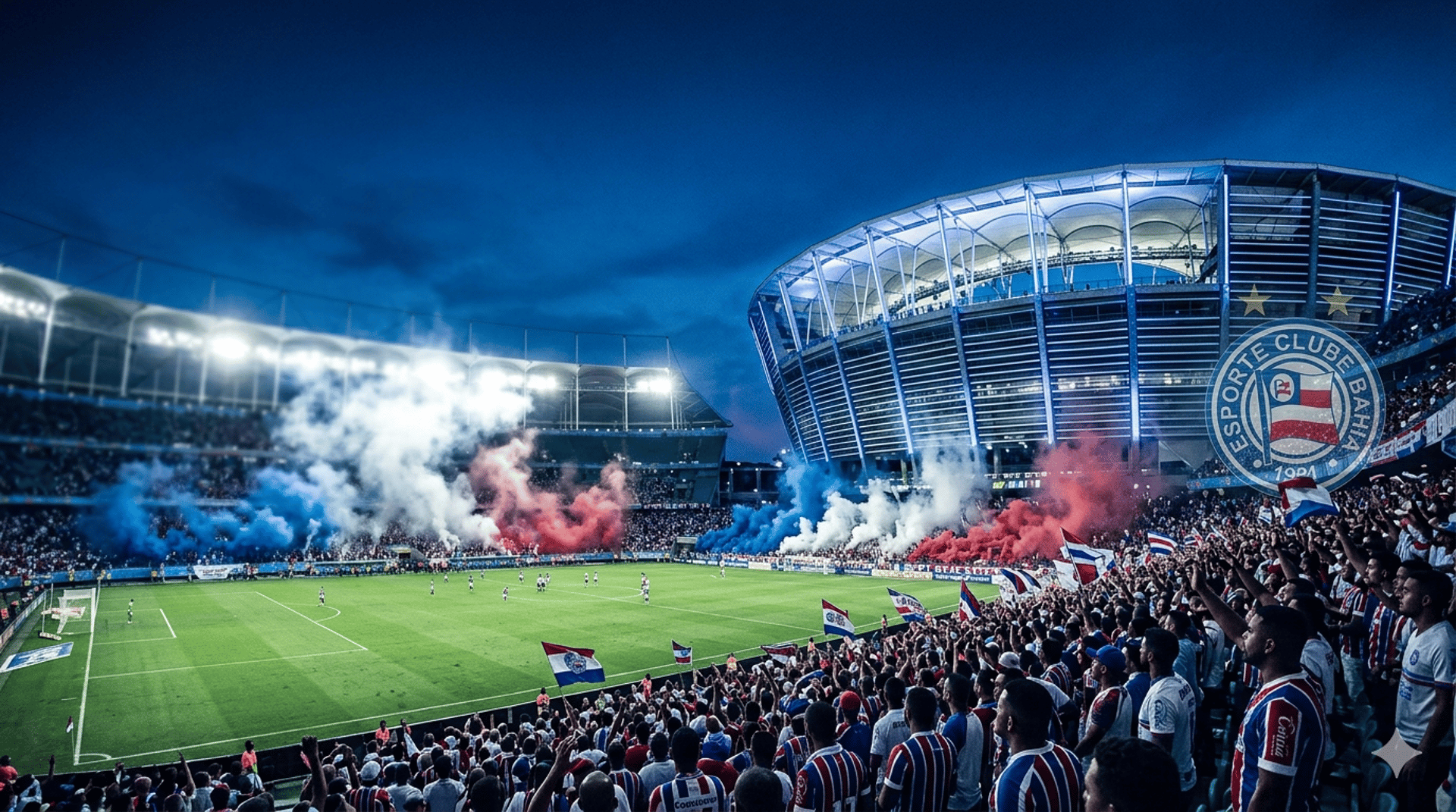 Vista panorâmica imponente da Arena Fonte Nova lotada com a Nação Tricolor vibrando em noite de jogo.