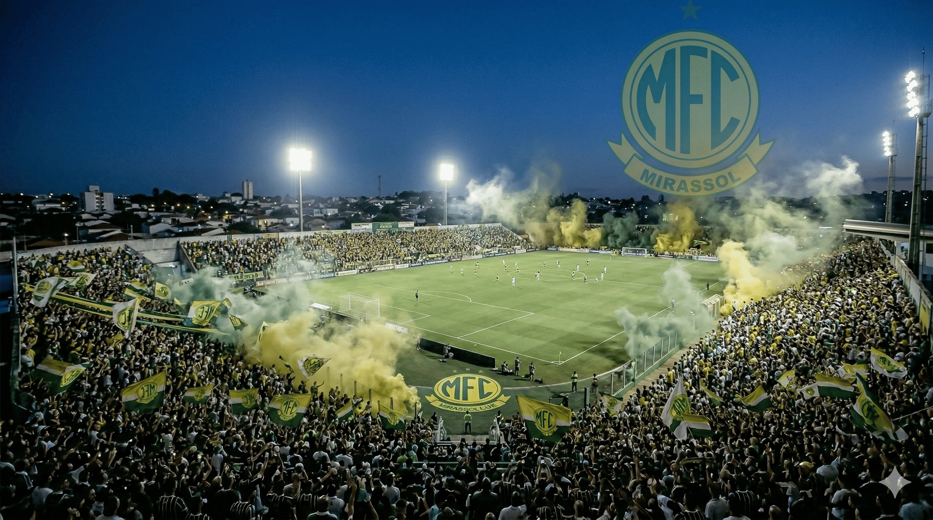 Vista panorâmica imponente do Estádio Maião lotado com a Torcida do Mirassol vibrando em noite de jogo.