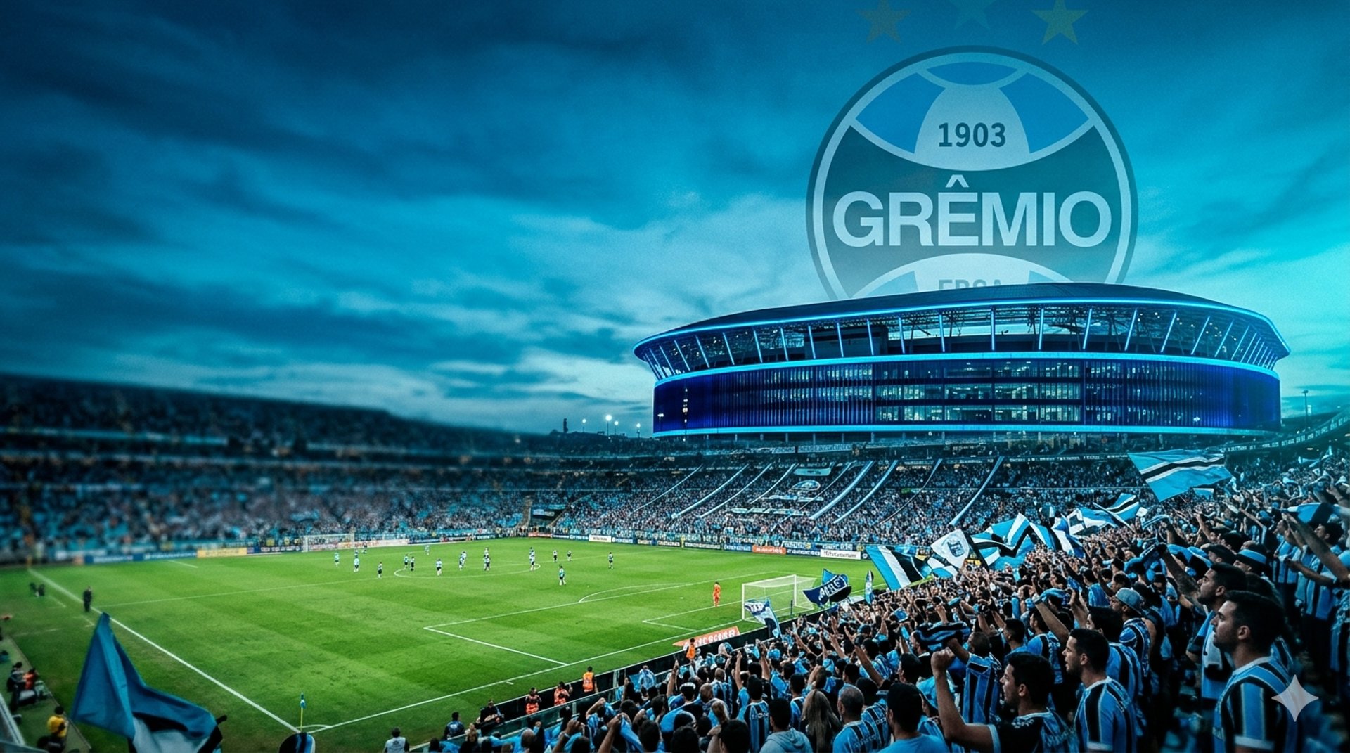 Arena do Grêmio lotada em azul em noite de jogo. Fundo para site do Grêmio Foot-Ball Porto Alegrense.
