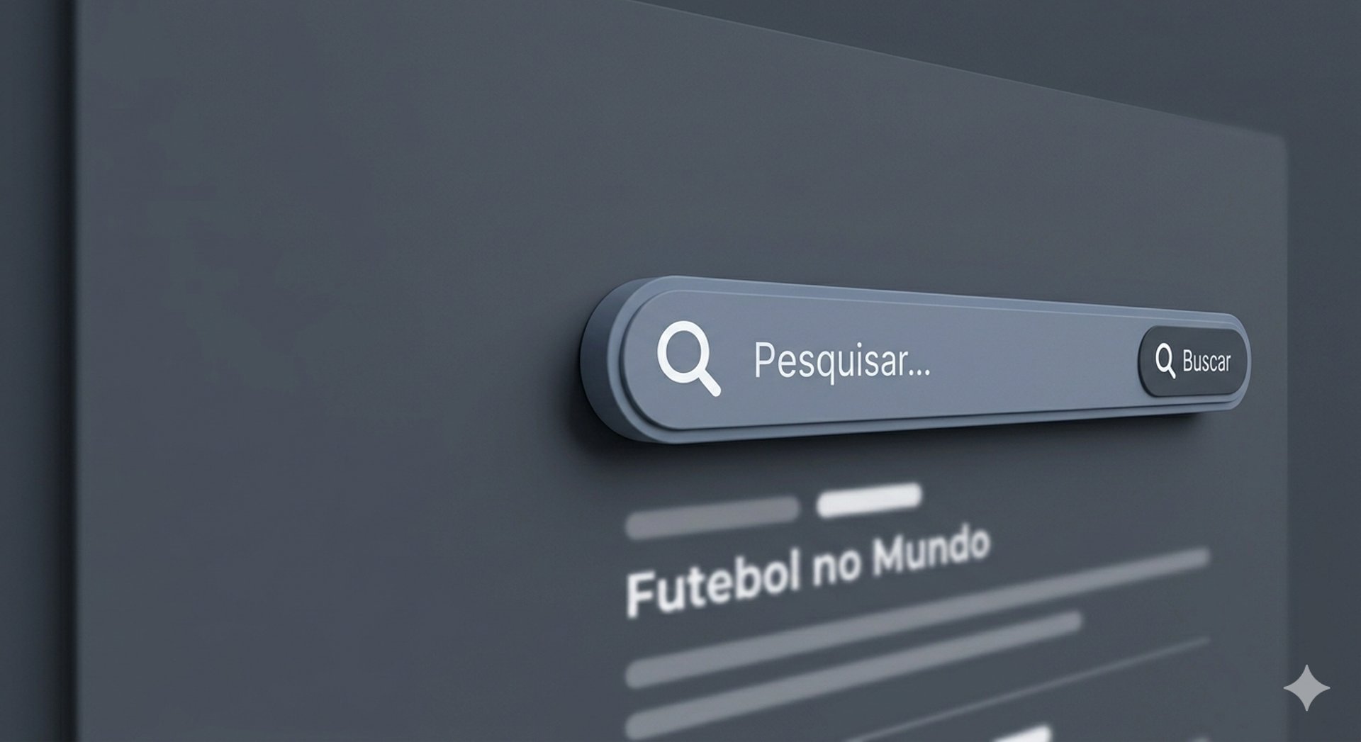 Simulação 3D de um campo de pesquisa flutuante com ícone de lupa e botão de busca em paleta de cores institucional escura