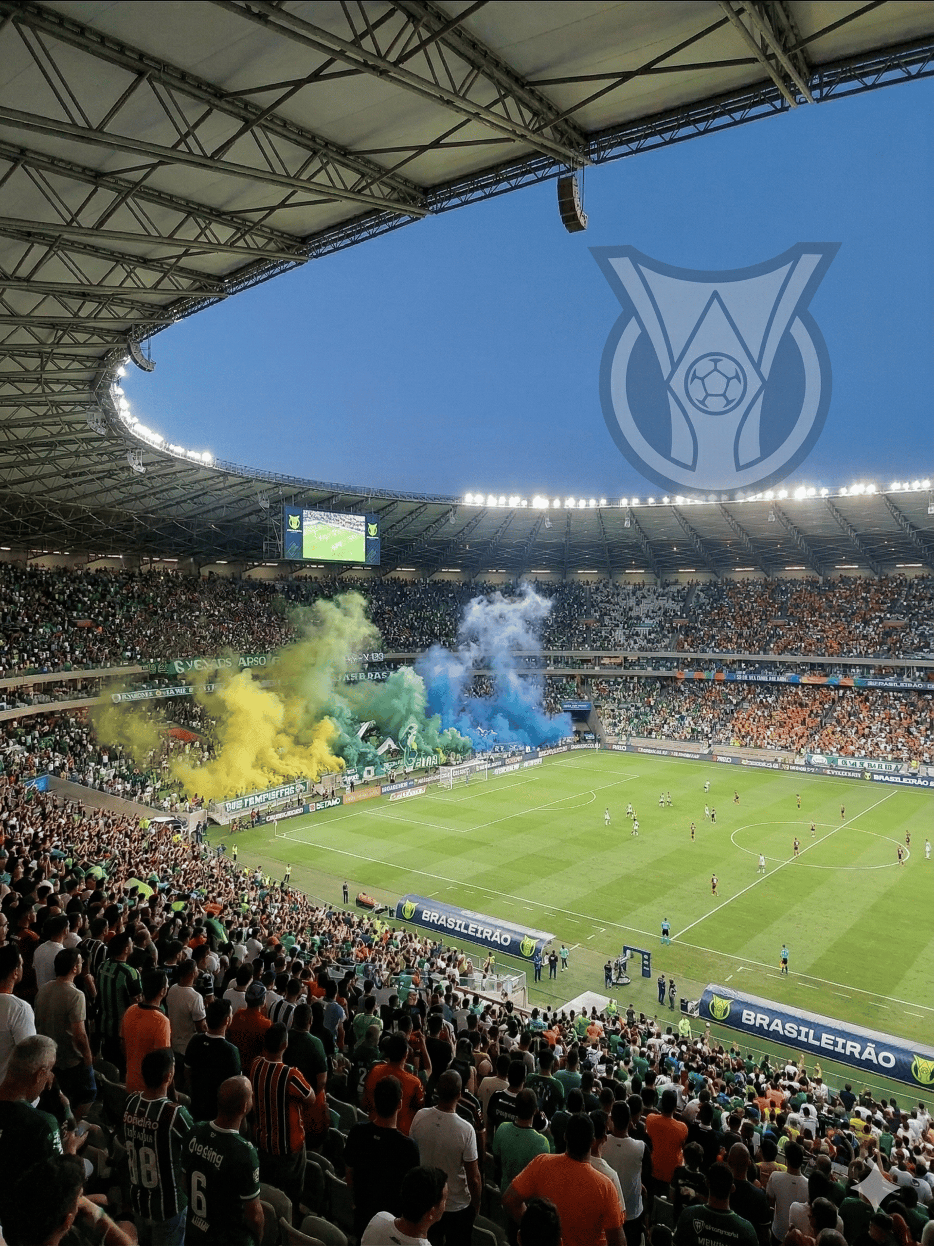 Vista panorâmica imponente de um grande estádio brasileiro lotado com fumaça colorida e o escudo do Brasileirão.