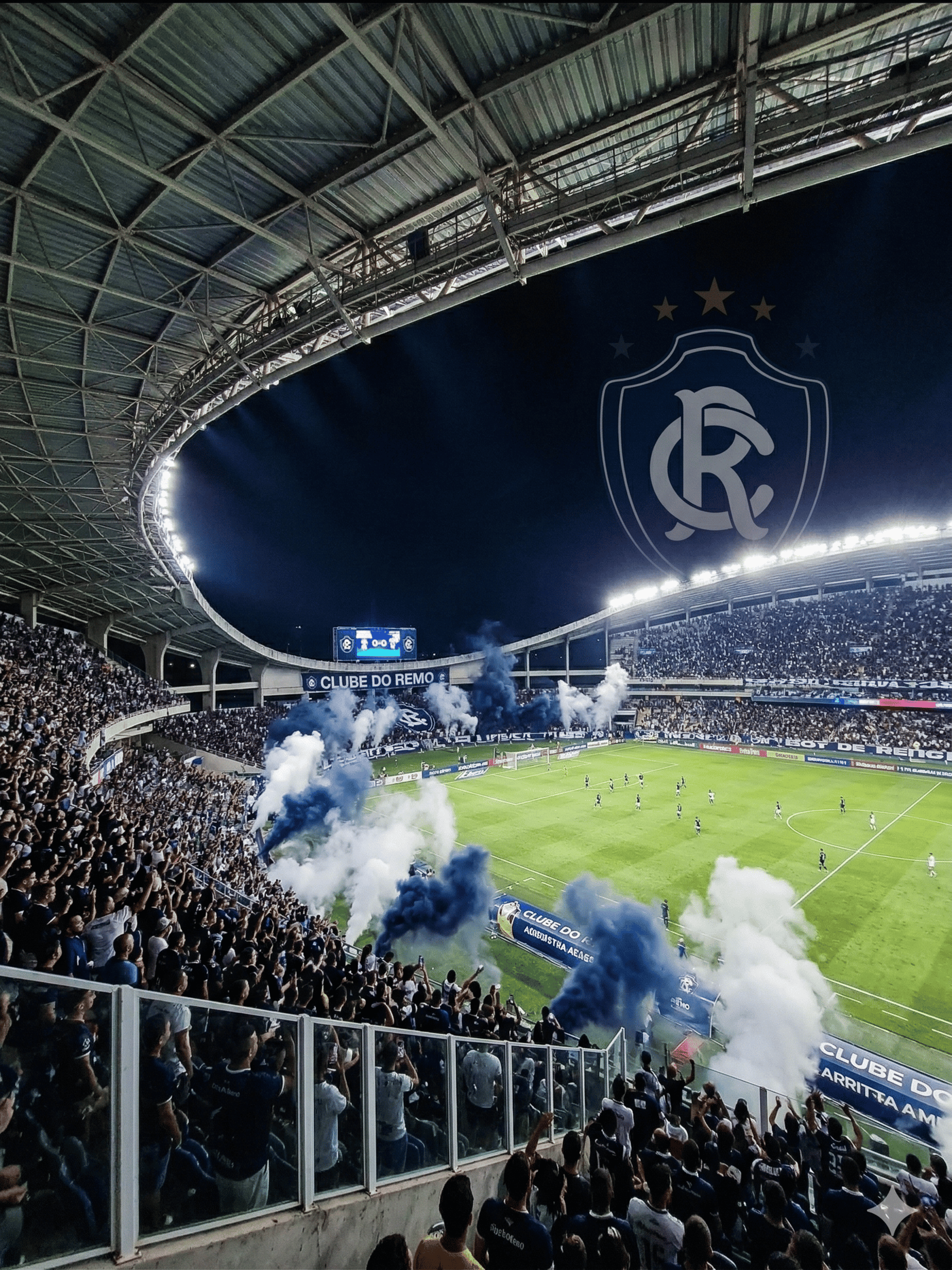 Vista panorâmica imponente do Mangueirão lotado com a Torcida Azulina vibrando em noite de jogo do Remo.
