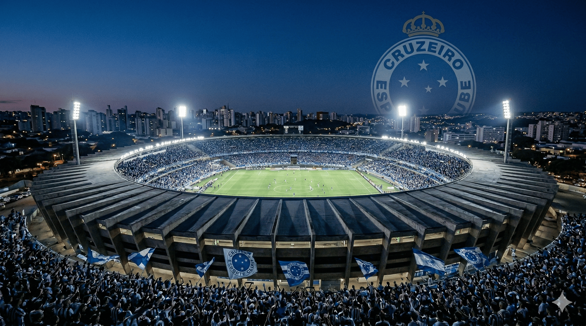 Vista panorâmica do Mineirão lotado com a Nação Azul vibrando em noite de jogo.