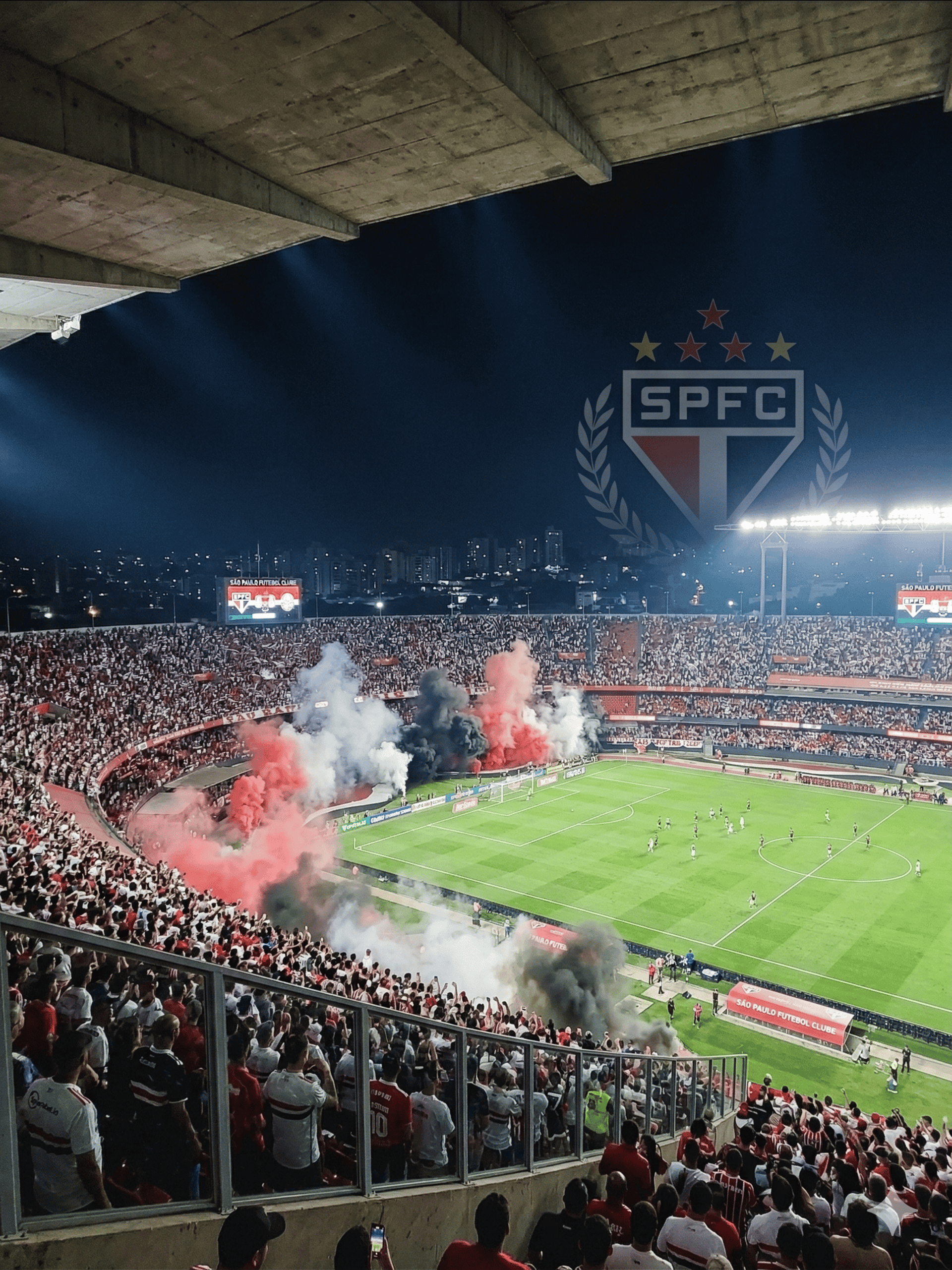 Vista panorâmica imponente do MorumBIS lotado com a Torcida Tricolor vibrando em noite de jogo.