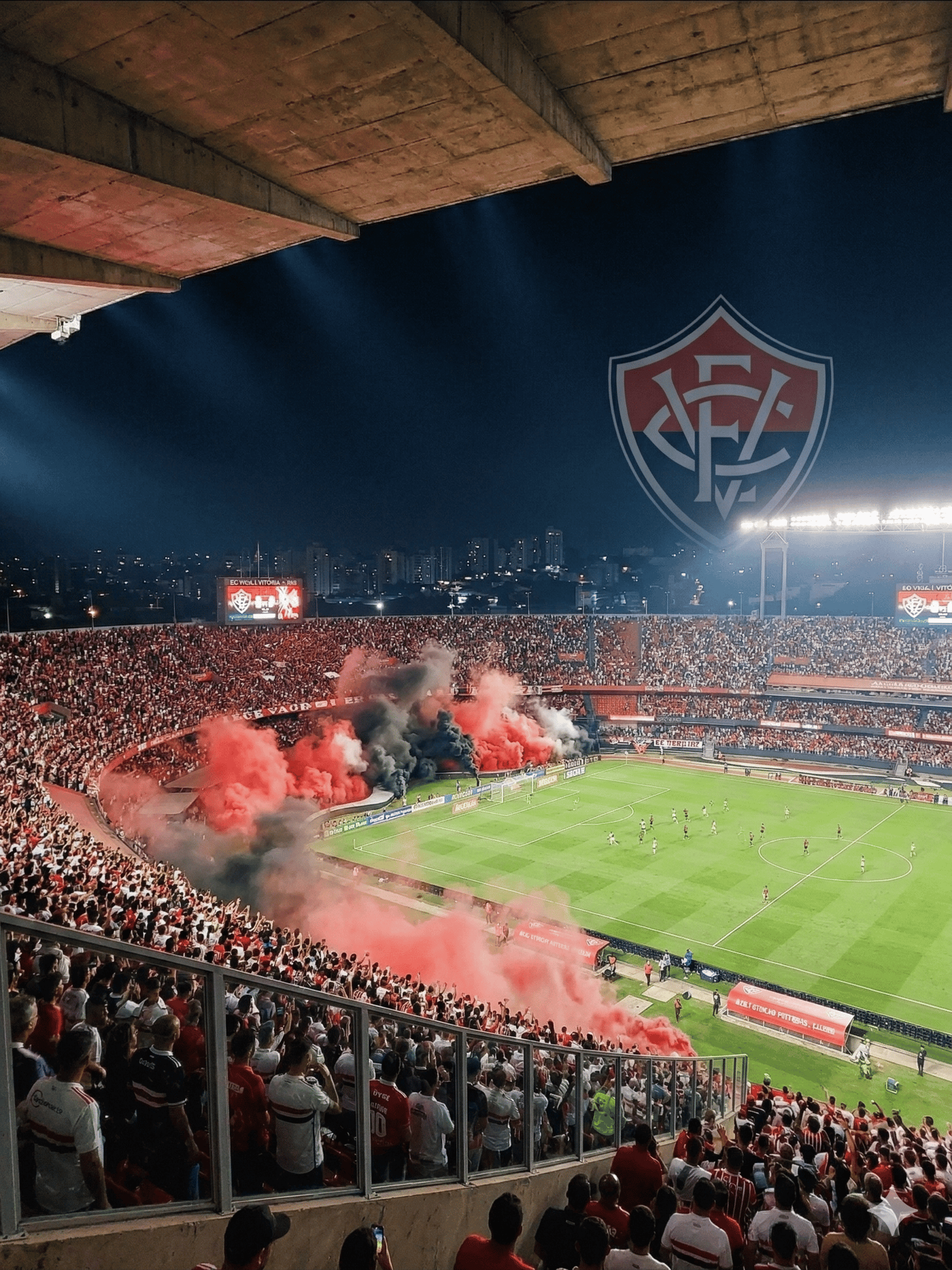 Vista panorâmica imponente do Barradão lotado com a Torcida Colossal vibrando em noite de jogo.