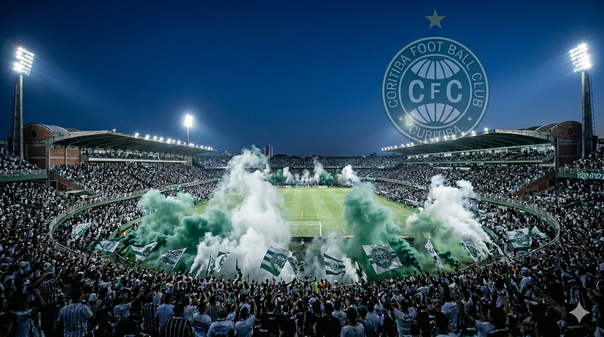 Vista panorâmica da torcida do Coritiba no Couto Pereira lotado em noite de jogo. Fundo de site Alviverde.