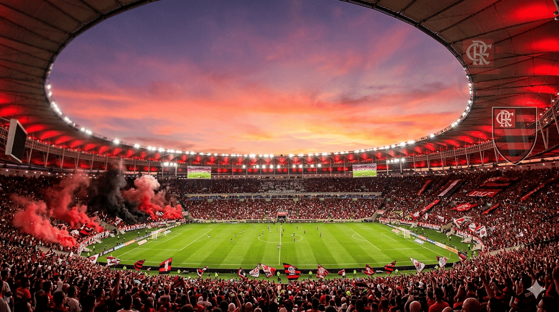 Maracanã lotado com a Nação Rubro-Negra vestindo vermelho e preto em noite de jogo. Fundo para site do Flamengo.