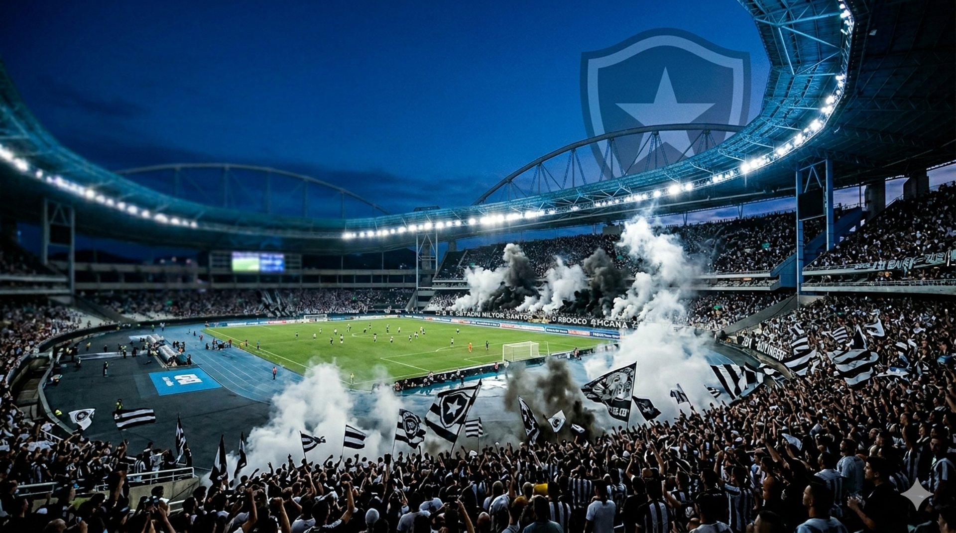 Vista panorâmica imponente do Estádio Nilton Santos lotado com a torcida Alvinegra vibrando em noite de jogo.