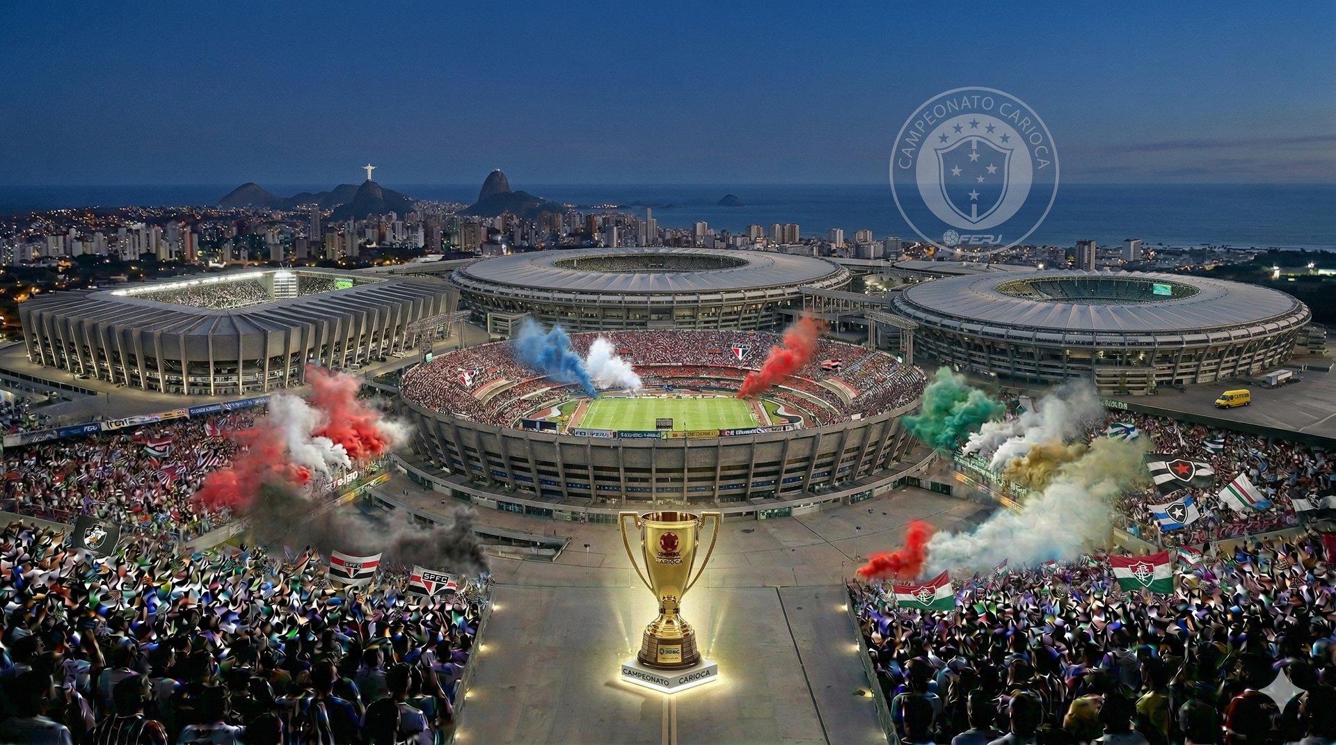 Estádios cariocas vistos por fora com o Cristo Redentor ao fundo, torcidas vibrantes e a taça do Cariocão.