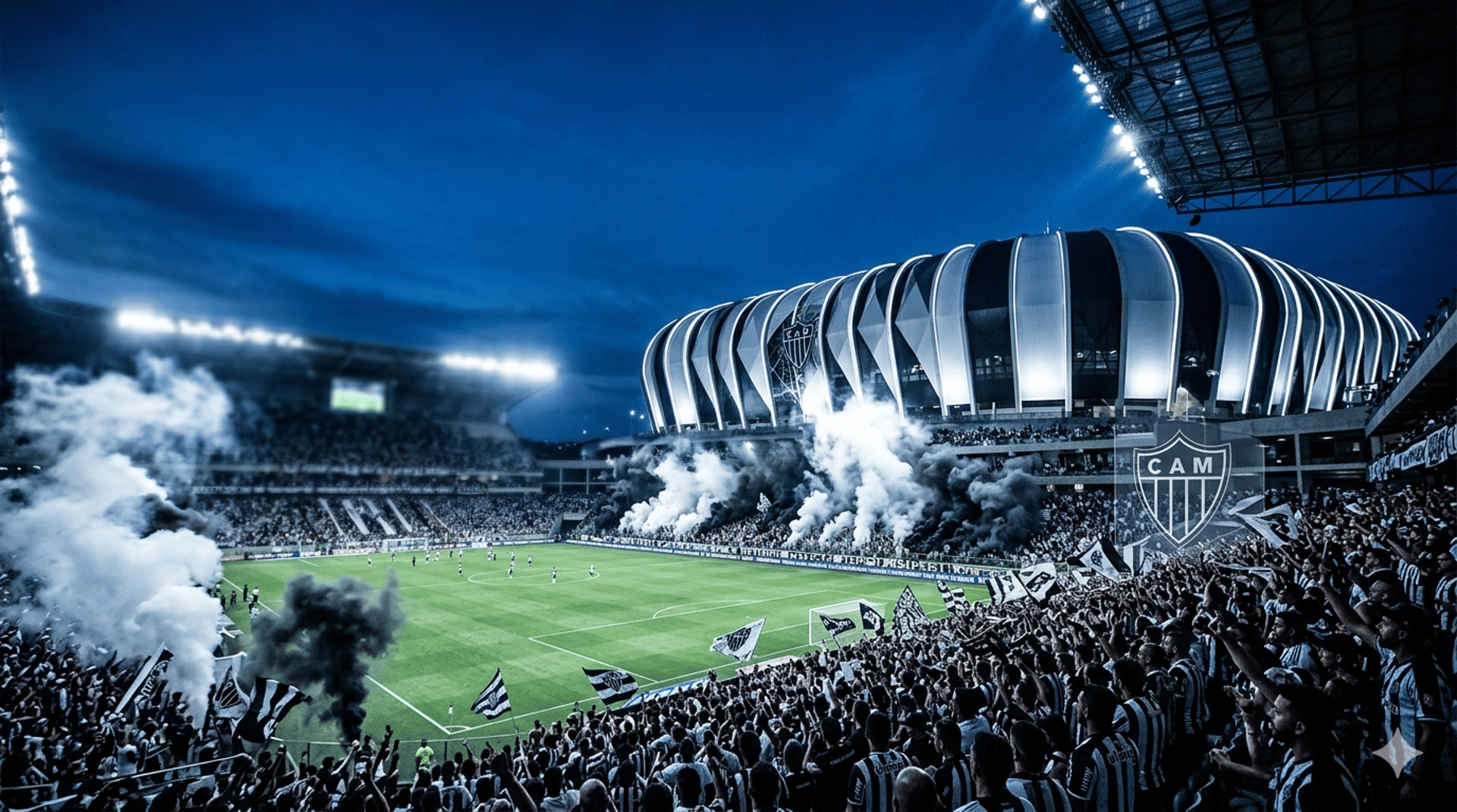 Vista panorâmica imponente da Arena MRV lotada com a Massa Atleticana vibrando em noite de jogo. Fundo para site do Galo
